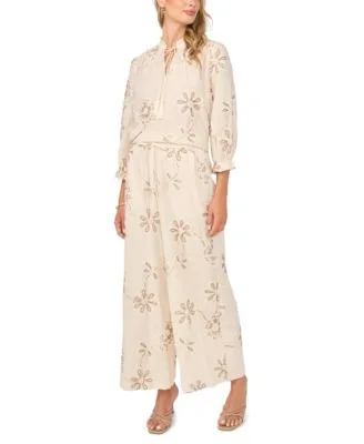 Embroidered Cotton Split Neck Top Angled Hem Elastic Waist Pants by Vince Camuto