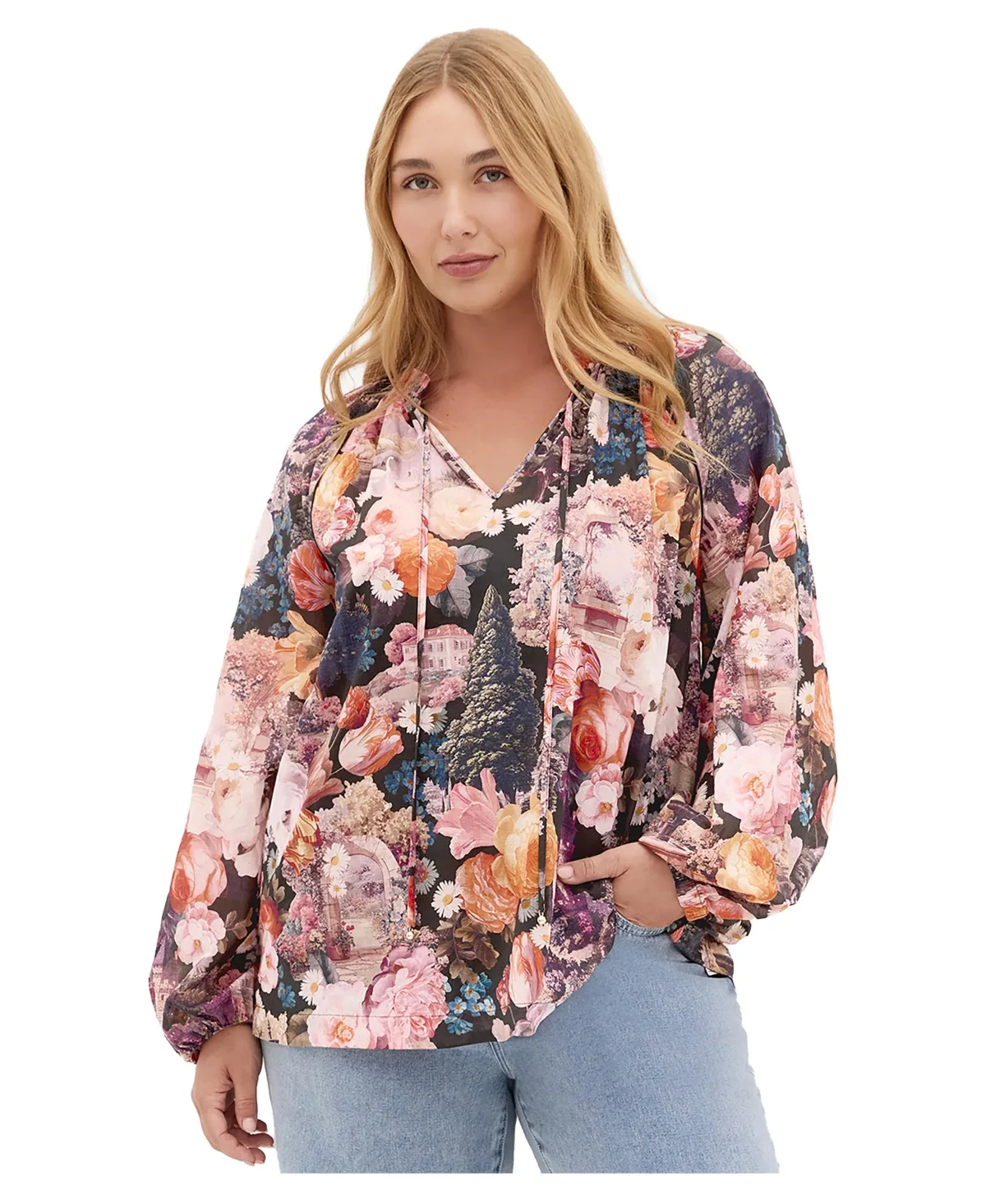 Thea Floral-Print V-Neck Long-Sleeve Blouse by City Chic