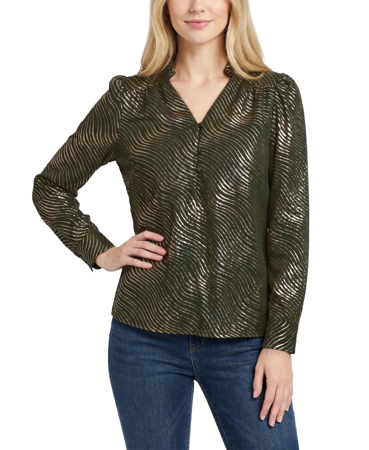 Metallic Ruched-Shoulder Long-Sleeve V-Neck Blouse by Ny Collection