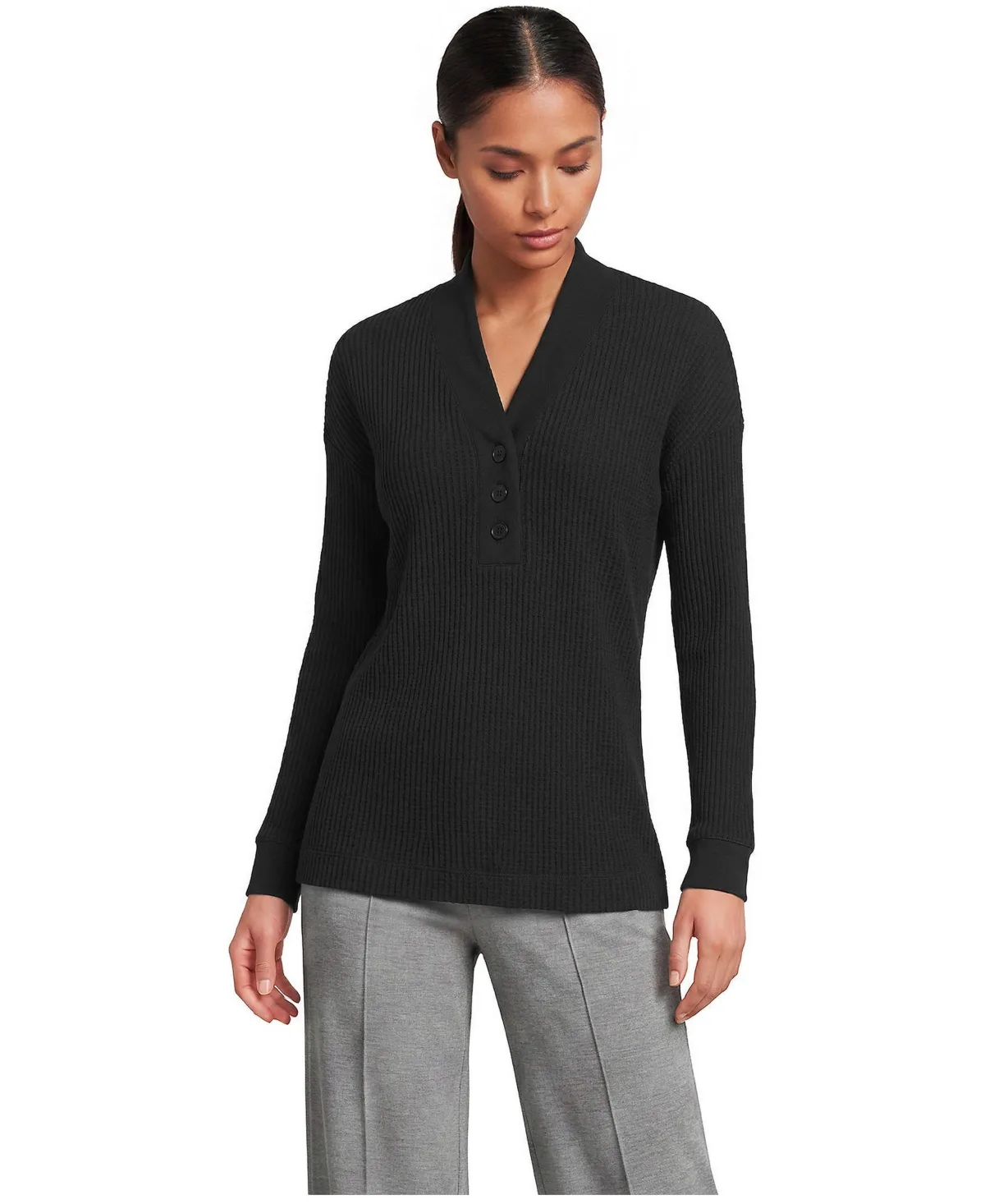 Long Sleeve Waffle Shawl Collar Henley by Lands' End