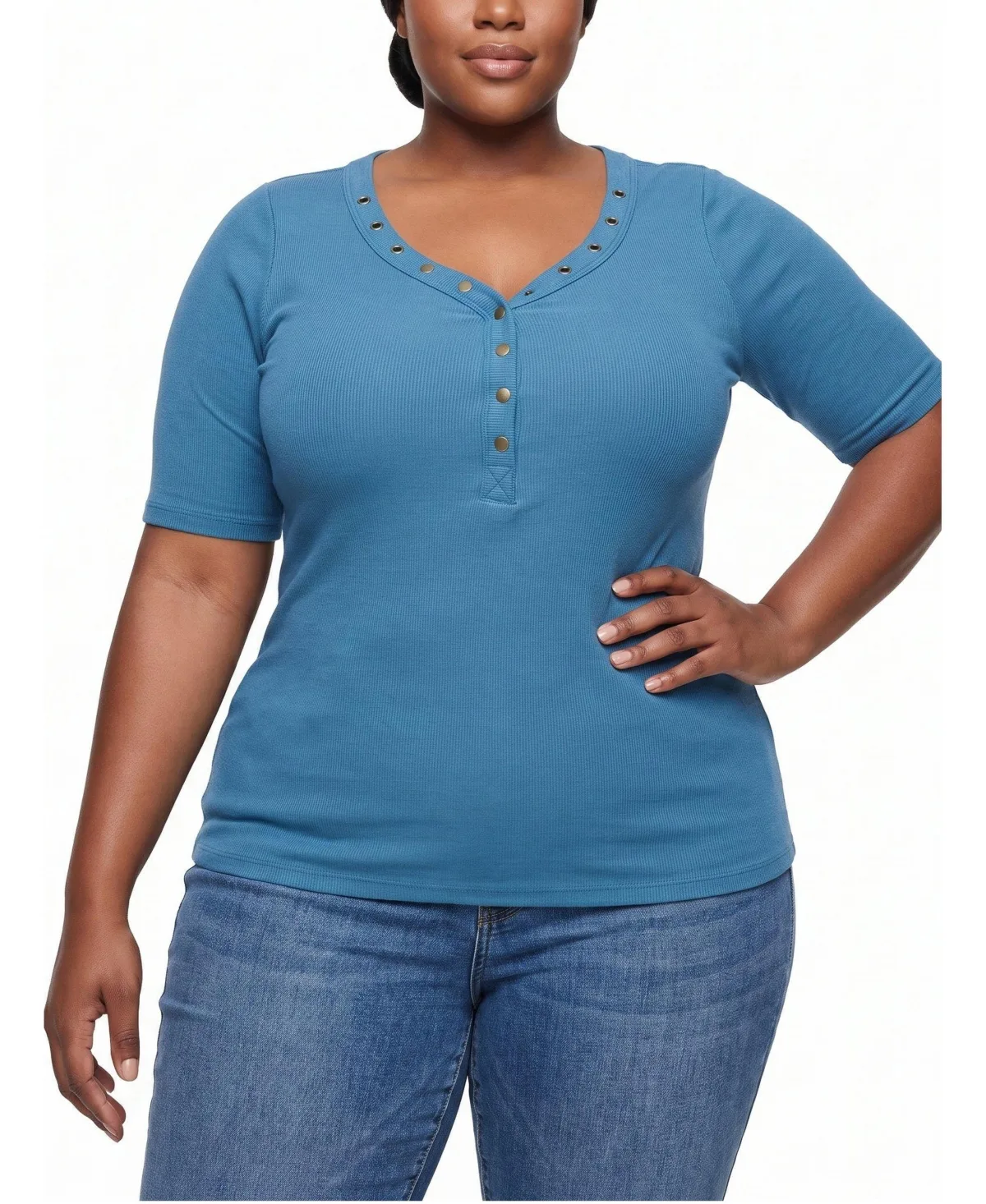 Cotton-Modal Ribbed Curved Henley Top by Torrid