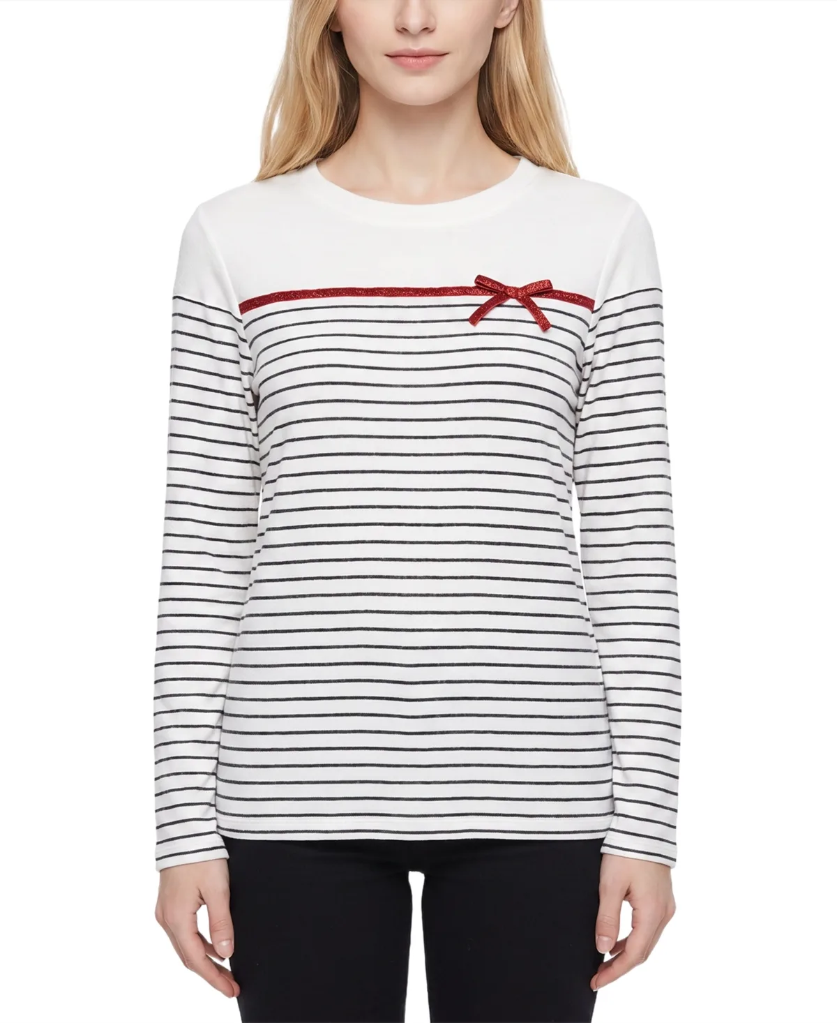 Long-Sleeve Metallic-Ribbon Bow T-Shirt by Ny Collection