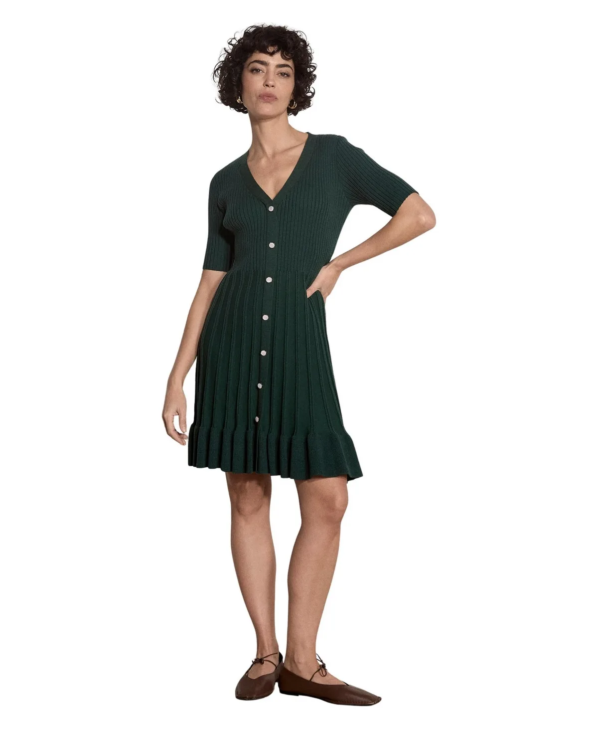Fit-and-Flare Ribbed-Knit Short-Sleeve Mini Dress by Apricot