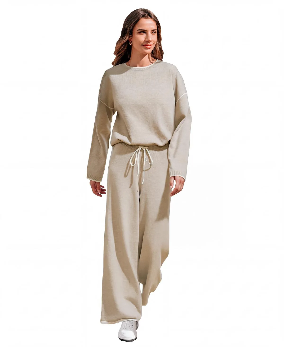 Knit Lounge Crew Neck Top and Wide Leg Pants, 2-Piece Set by Cupshe
