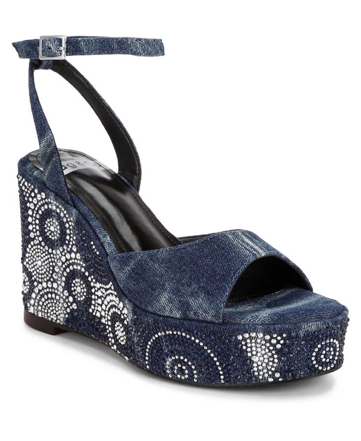 Mandala Geometric Pattern Embellished Wedge Heels - Denim