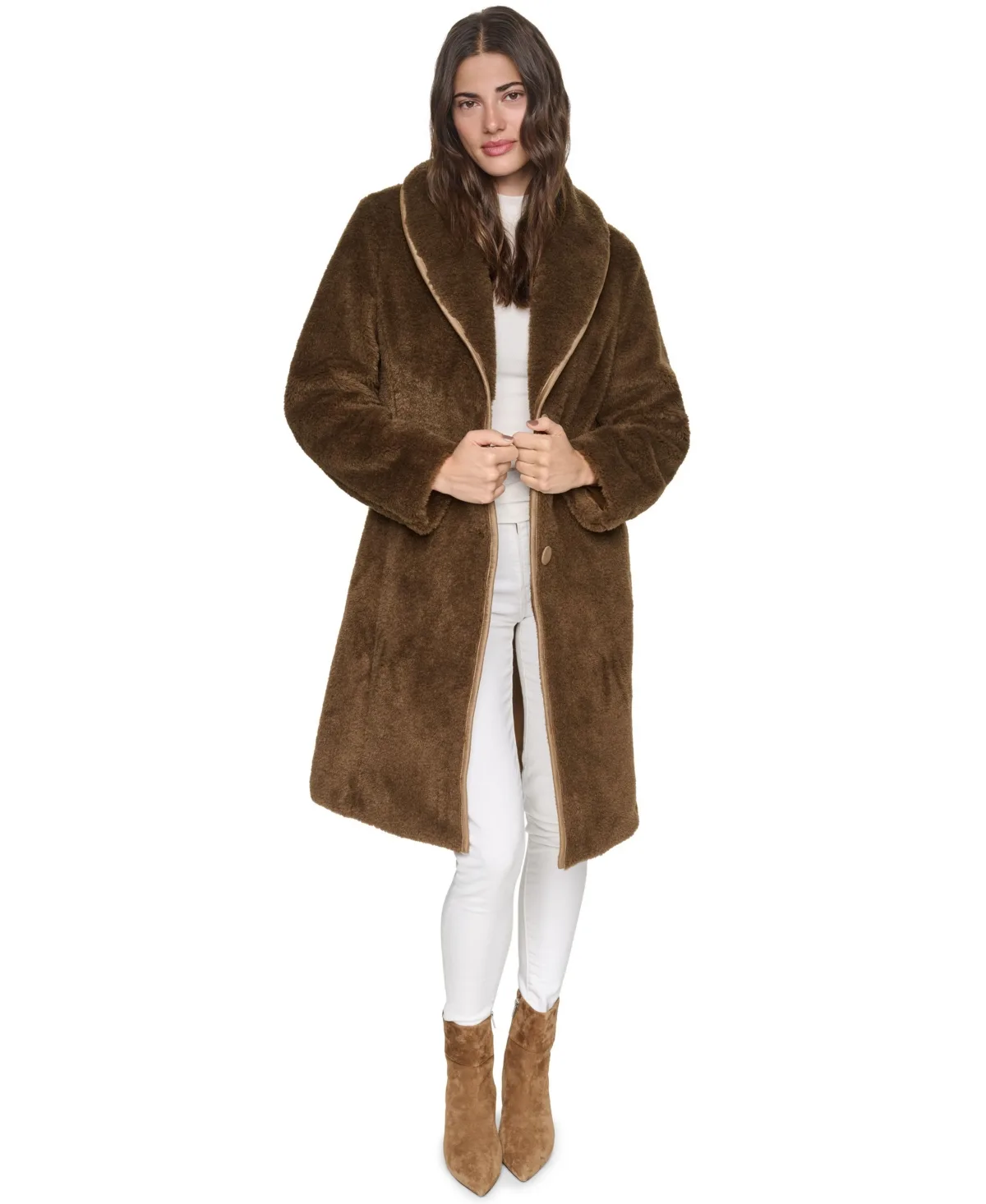 Edessa Faux Sherpa Shawl Collar Coat - Brass by Andrew Marc