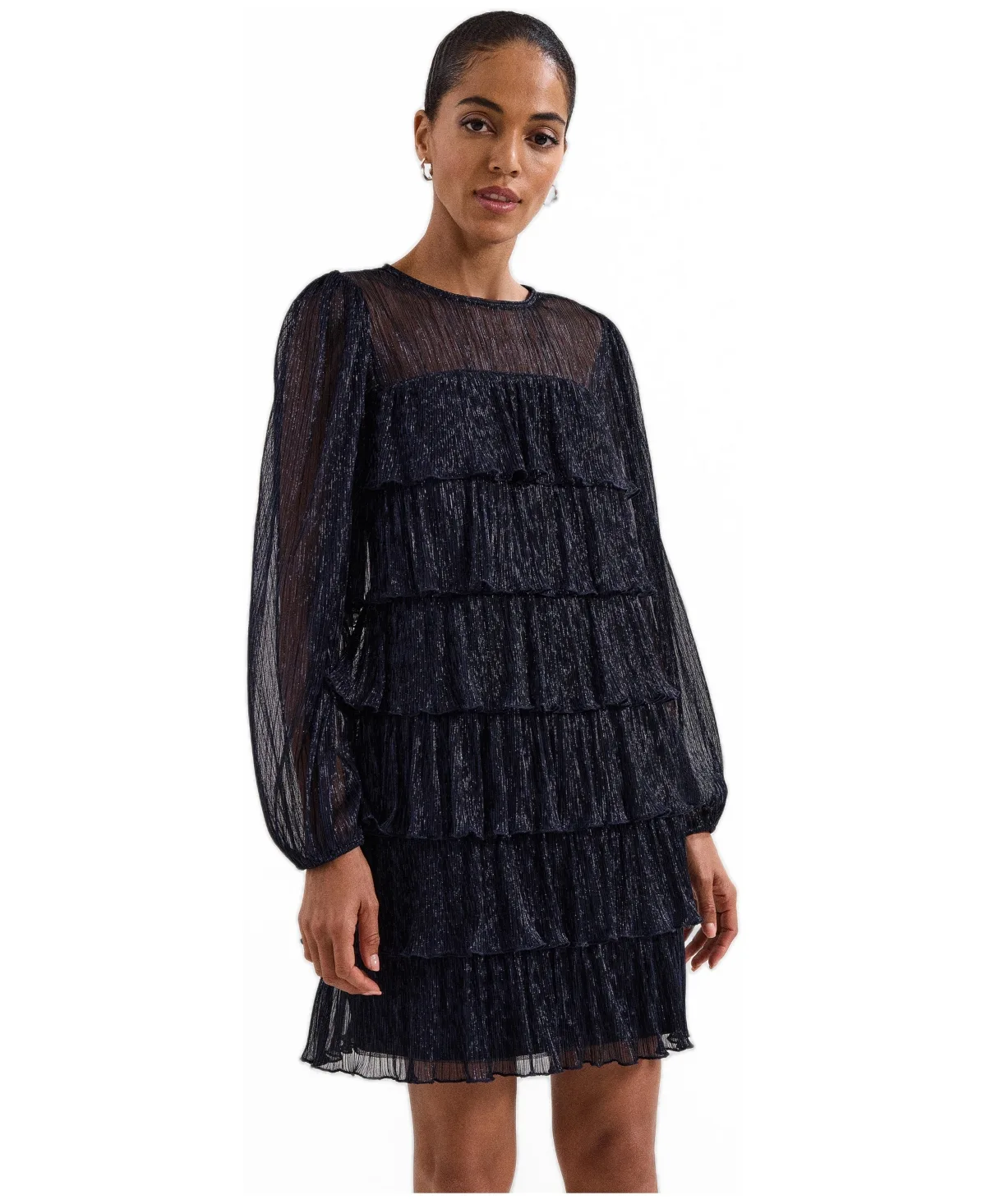 Nika Long-Sleeve Ruffle Shimmering Mini Dress