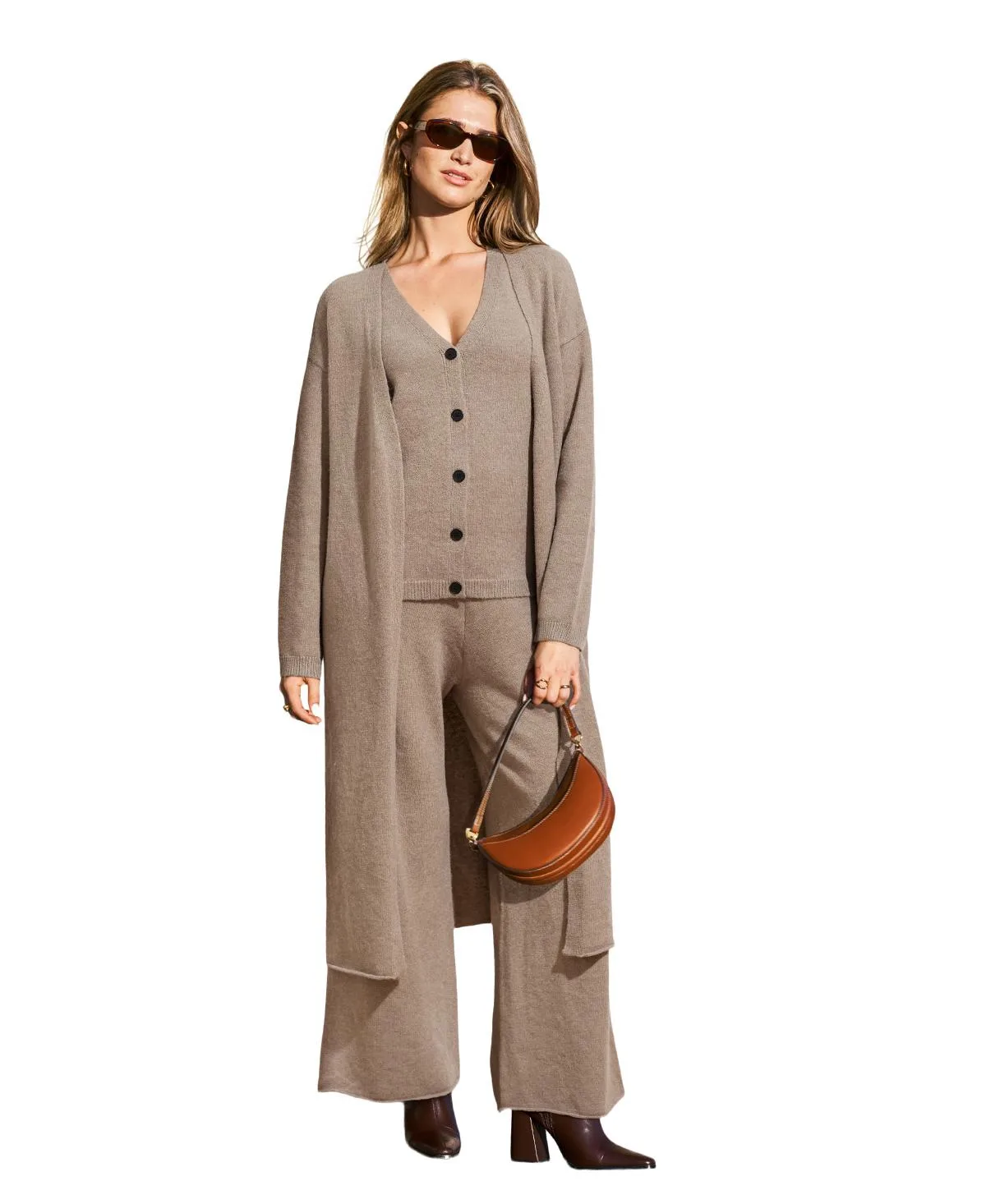 Knit V-Neck Wide-Leg Cardigan, Top, and Pants, 3-Piece Set by Cupshe