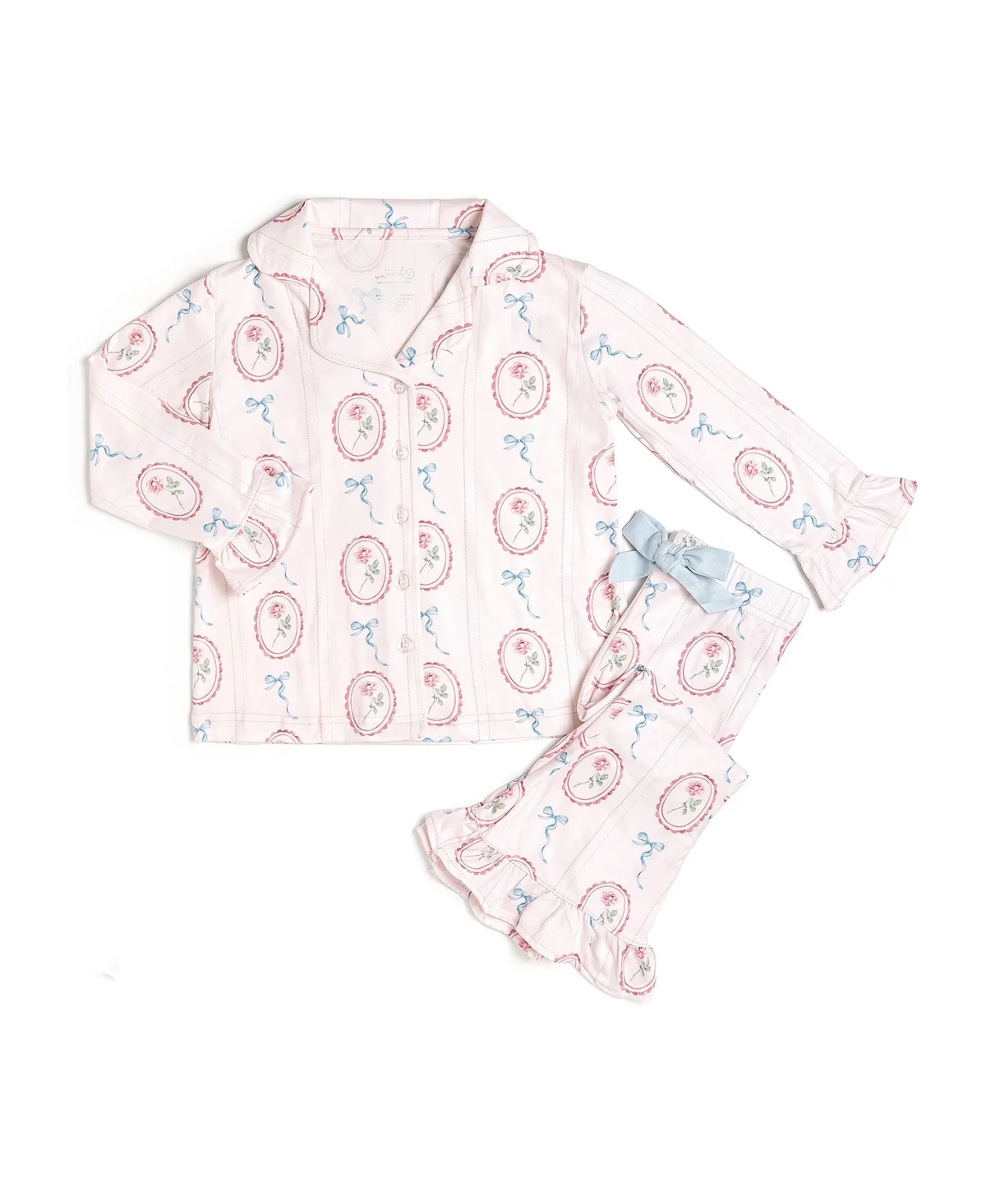 Rose Cameo Button-Down Long-Sleeve Ruffle-Trim Top and Pants, 2-Piece Set by Sweet Wink