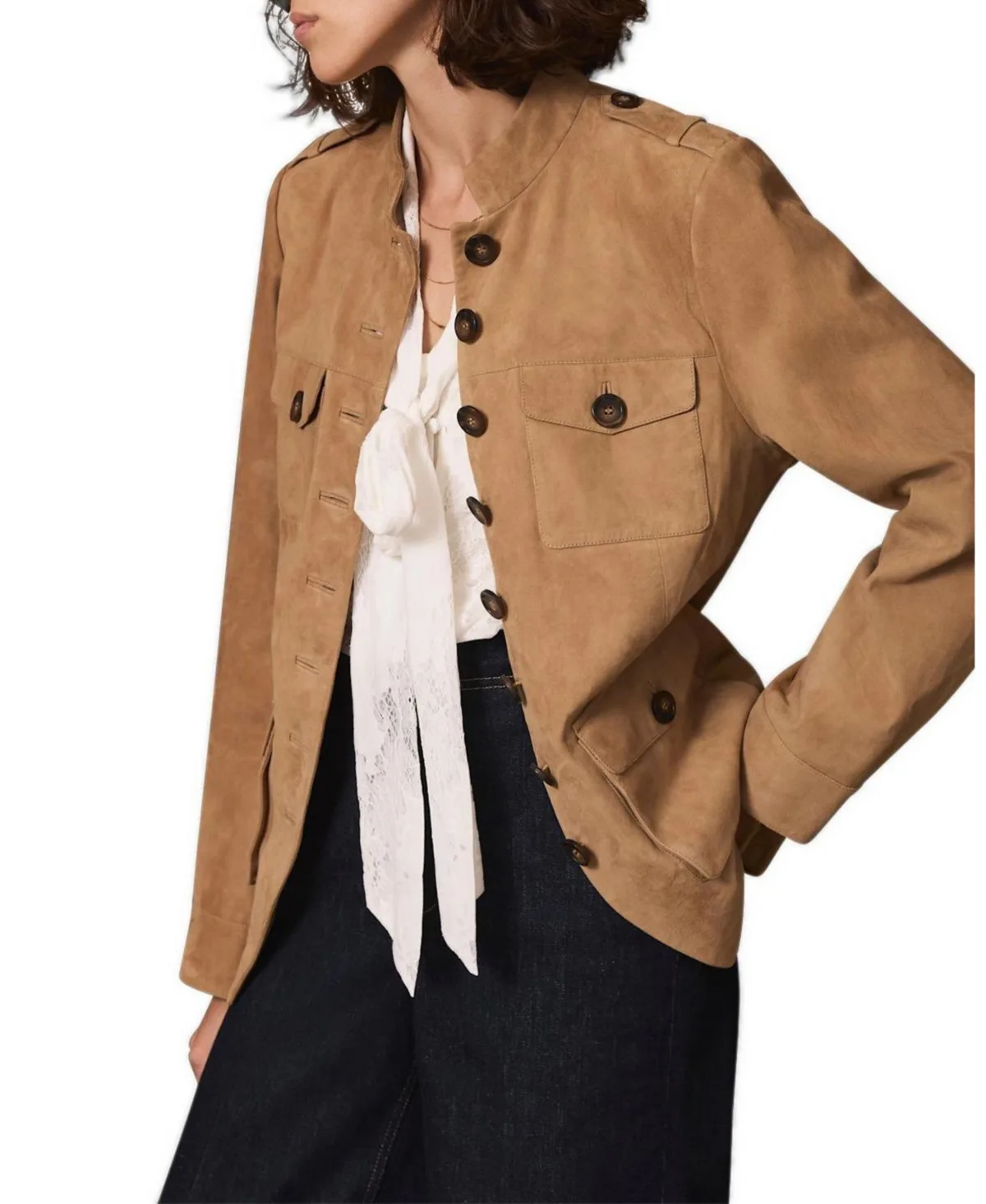 Military High-Collar Epaulettes Suede Jacket by Mint Velvet