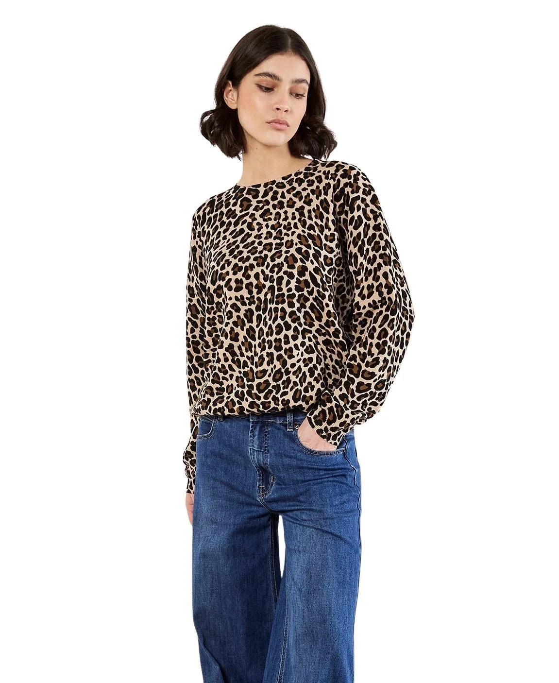 Leo Leopard-Print Ribbed-Knit Crewneck Sweater - Stone by Apricot