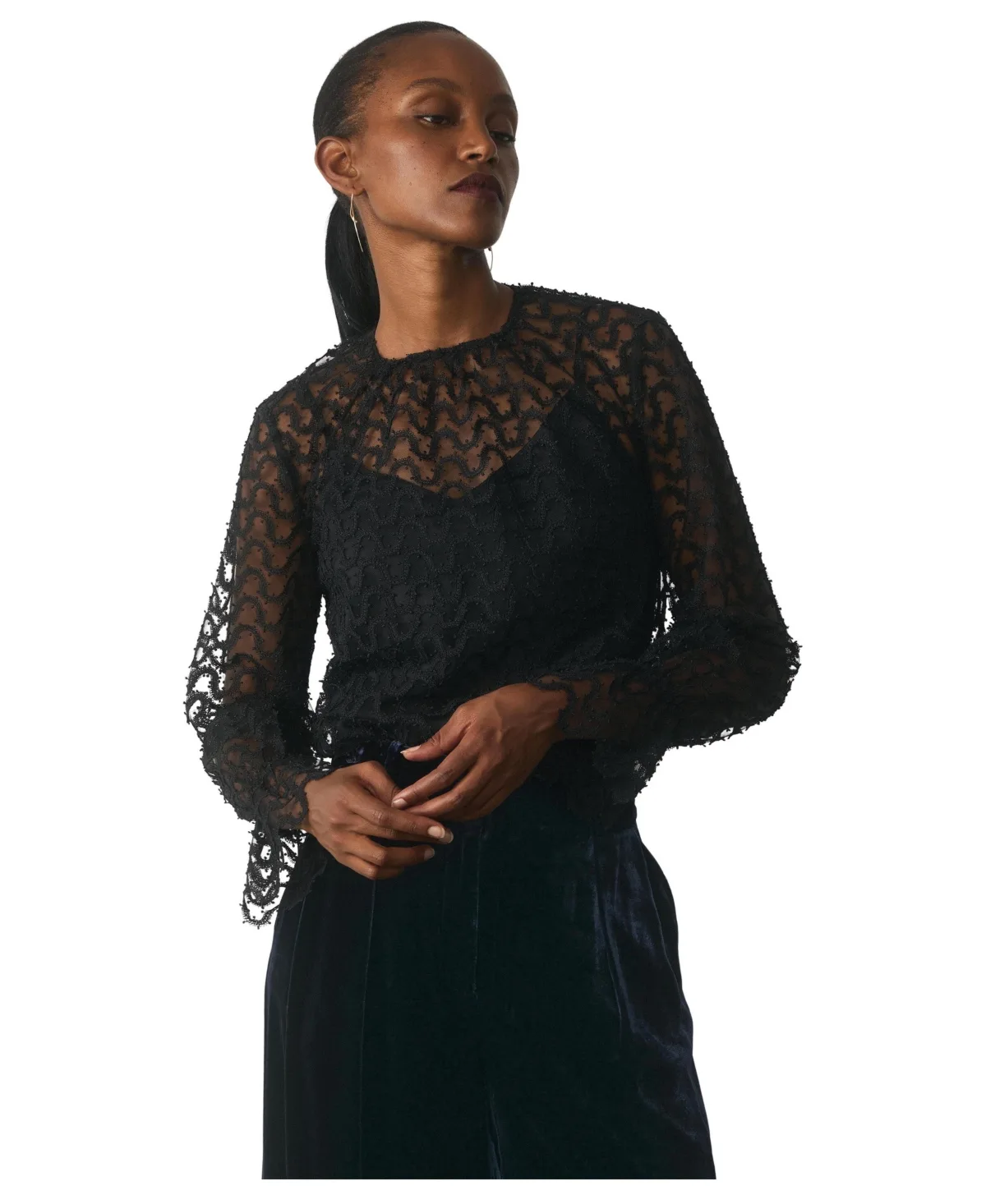 Aliano Sheer Embroidered Lace Beaded Long-Sleeve Blouse by The Fold