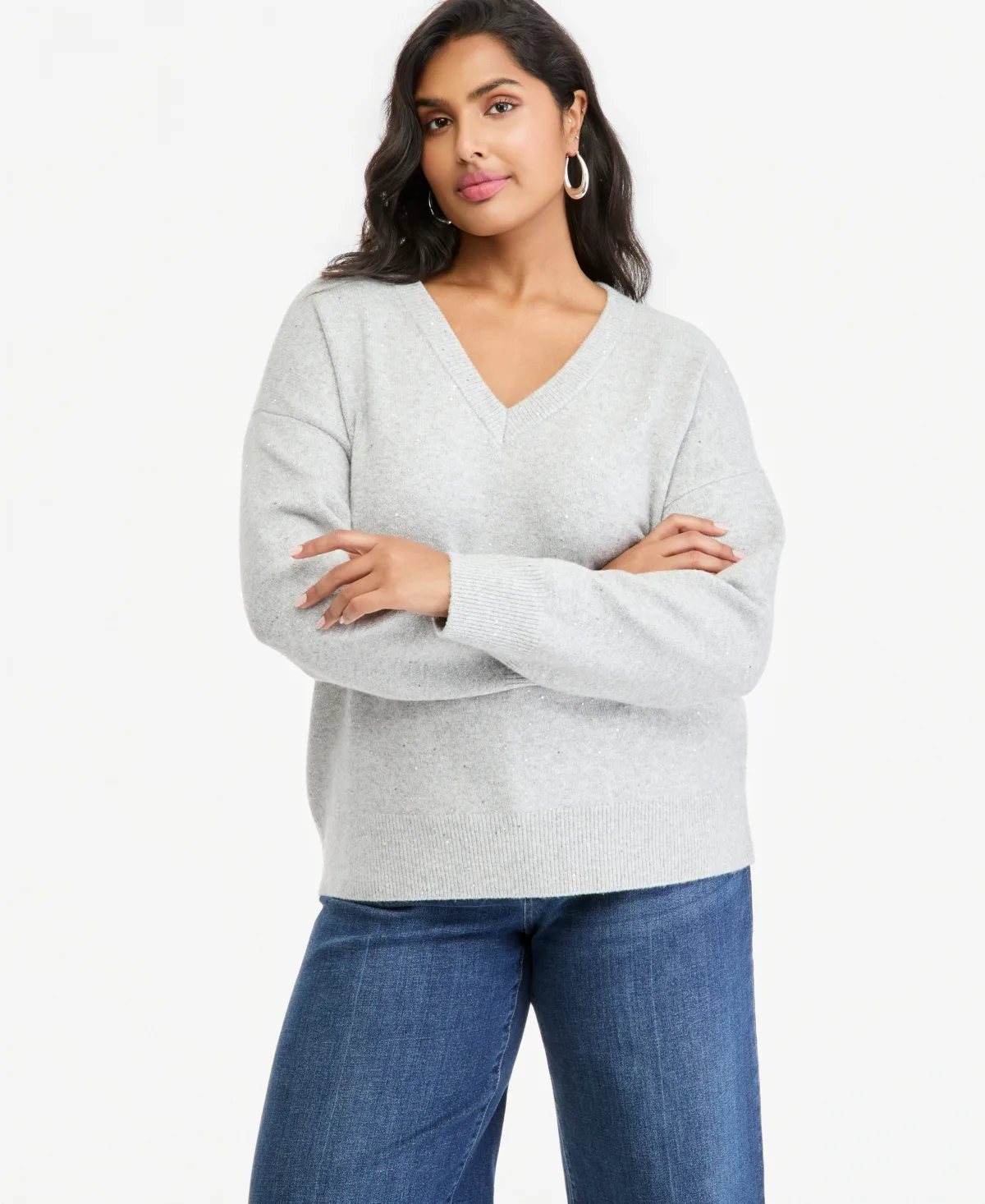 Sequin V-Neck Long-Sleeve Sweater