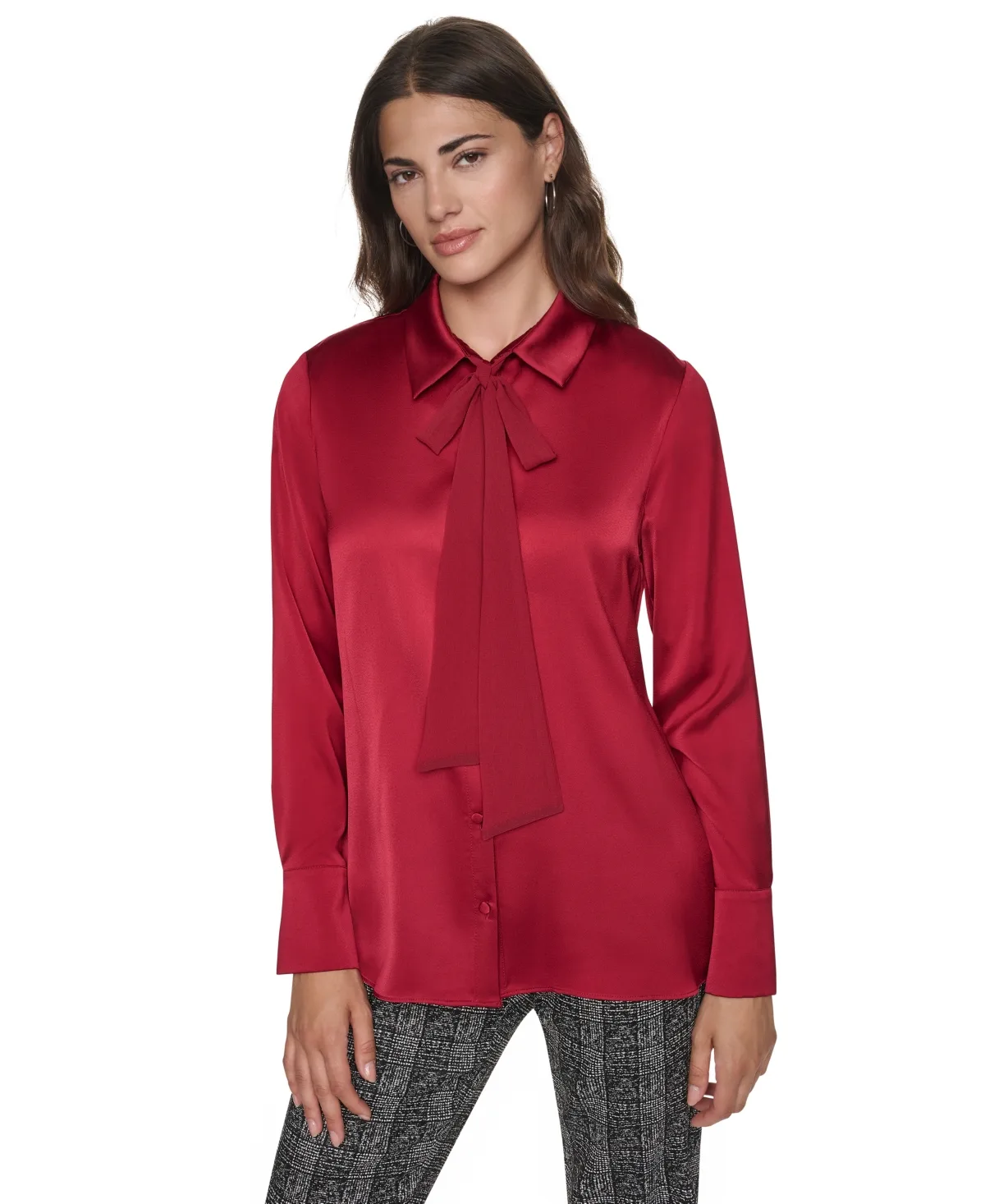 Satin Long-Sleeve Chiffon Neck Tie Blouse