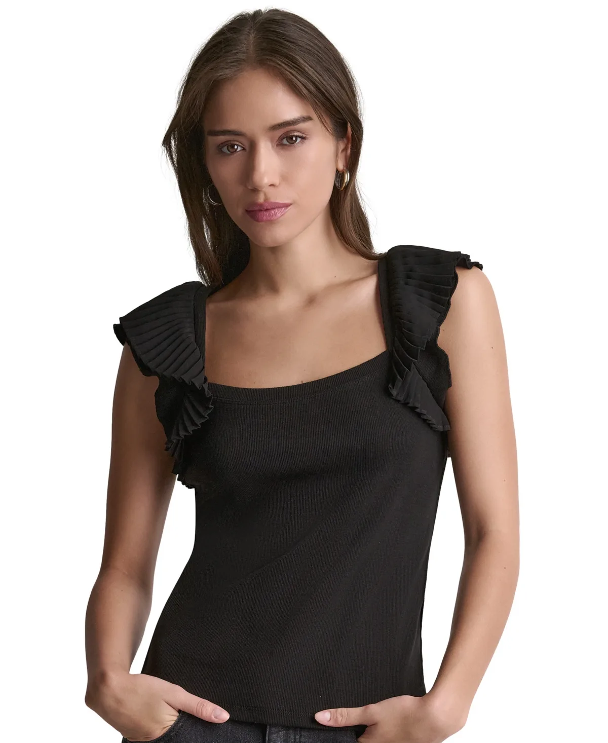 Square Neck Ruffle Cap-Sleeve Top by BCBG