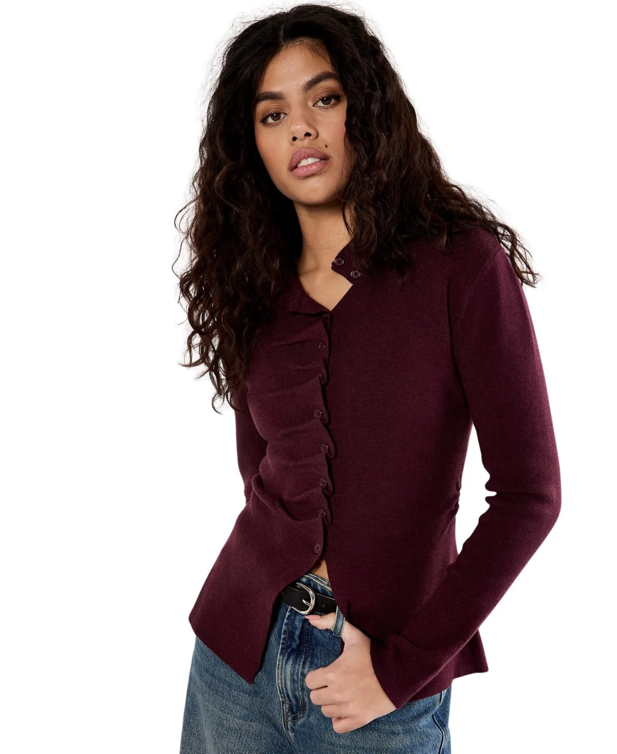 Long-Sleeve Fitted Ruched-Pleat Knit Top by Apricot