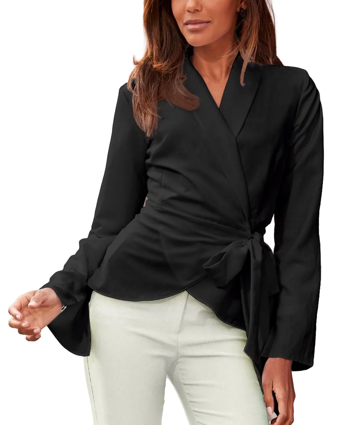 Wrap Lapel-Collar Long-Sleeve Blouse
