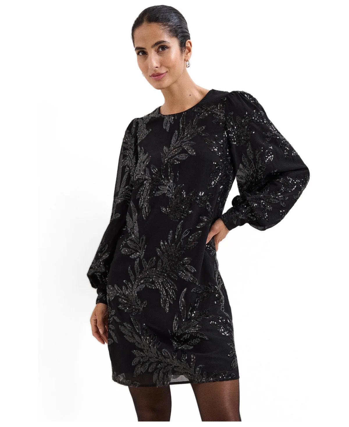Odette Floral-Print Sequin Long-Sleeve Dress