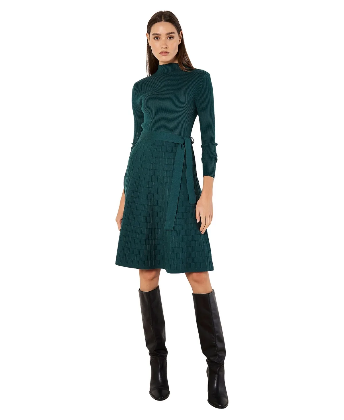 Rib and Brick Mock-Neck Long-Sleeve Fitted Dress