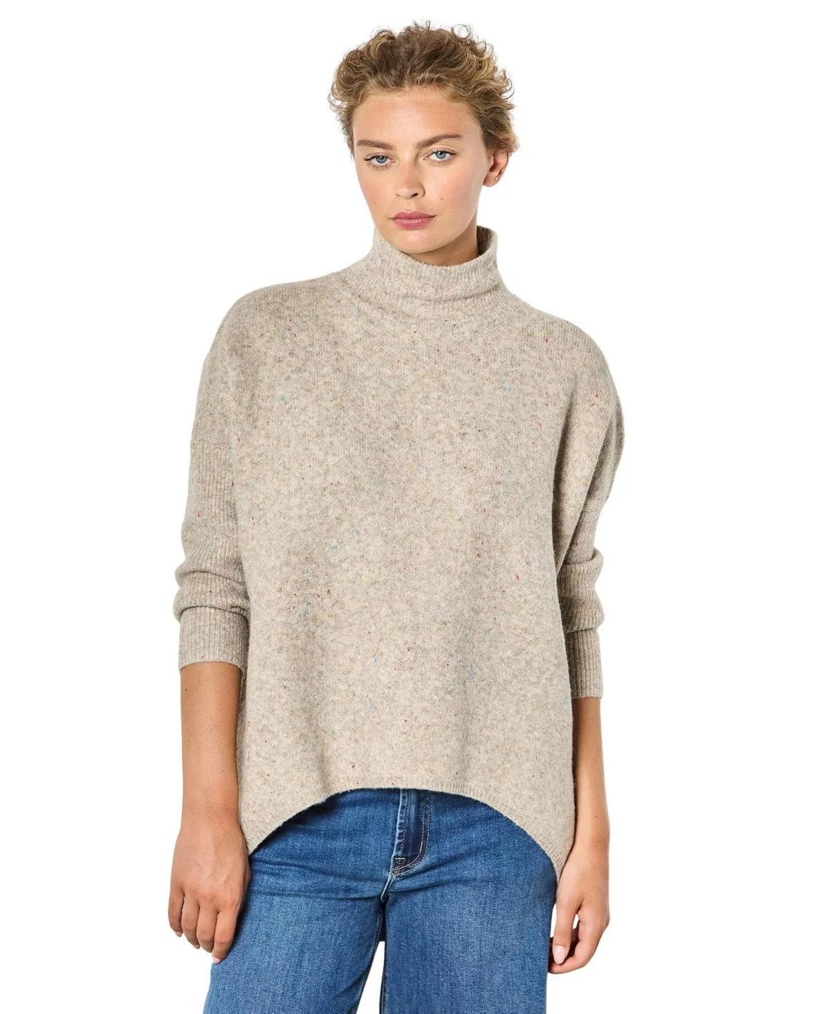 Mock Neck Cape Rainbow-Fleck Sweater - Stone