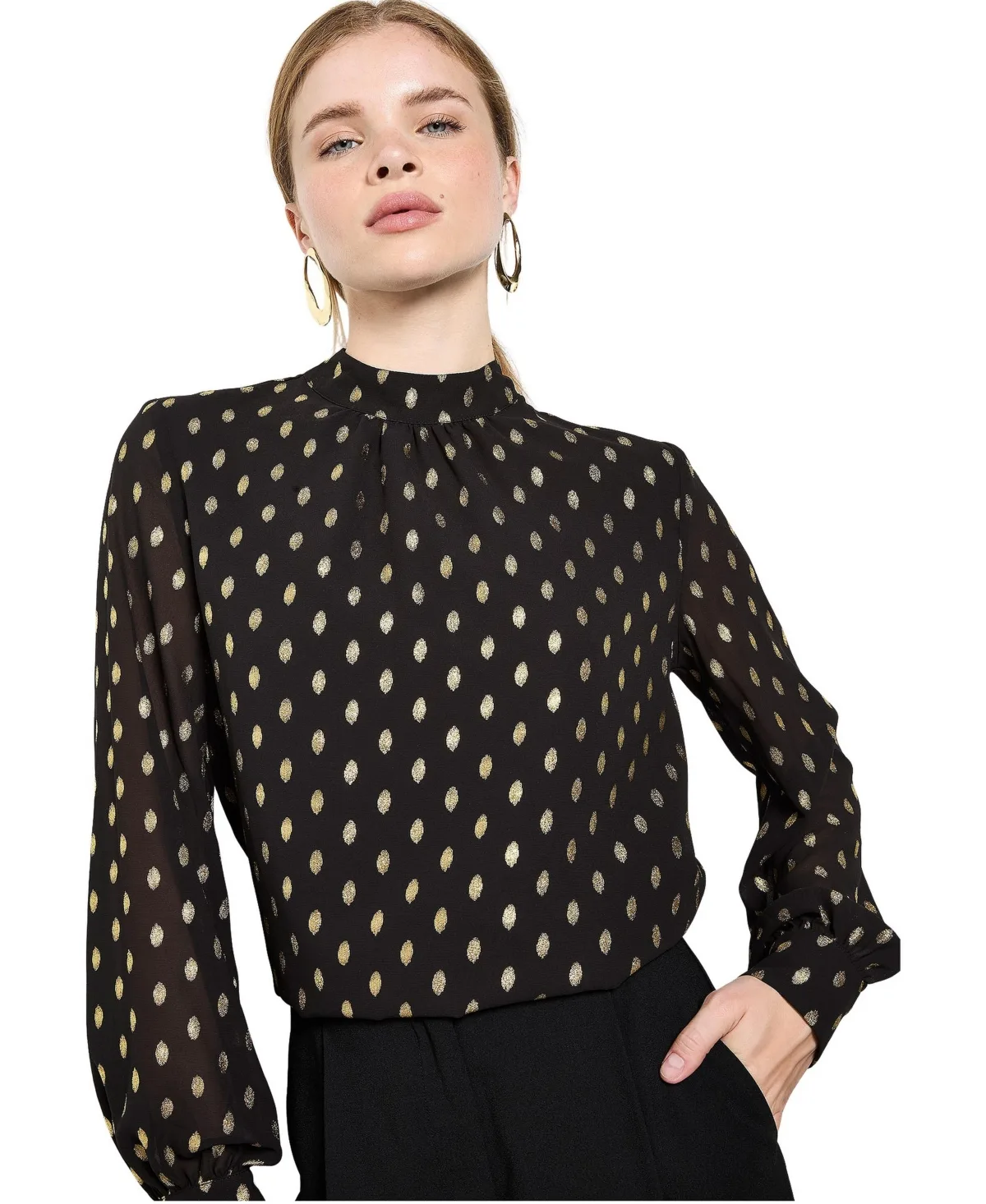 Gold-Foil Print Mock Neck Long Balloon Sleeves Blouse