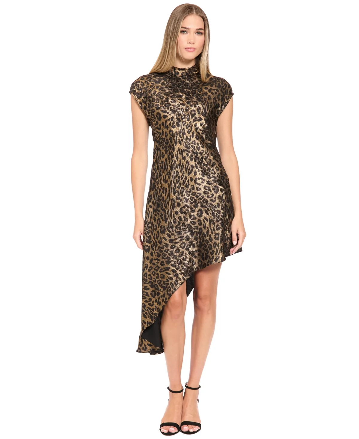Metallic Leopard-Print Asymmetrical High-Low Midi Dress by Donna Morgan