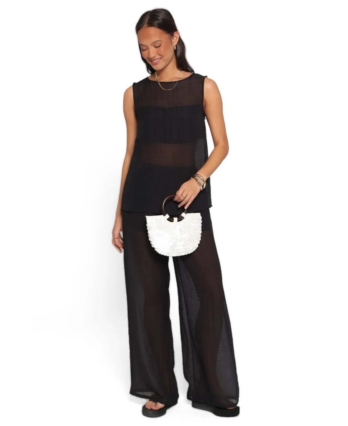 Vayla Sheer Pull-On High-Rise Wide-Leg Pants by Petal and Pup