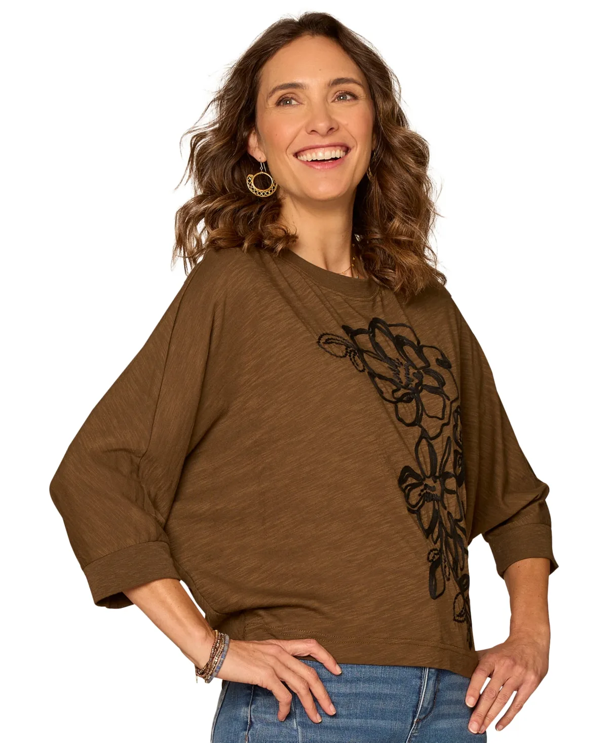 3/4 Dolman Sleeve Scoop Neck Embroidered Top by Democracy