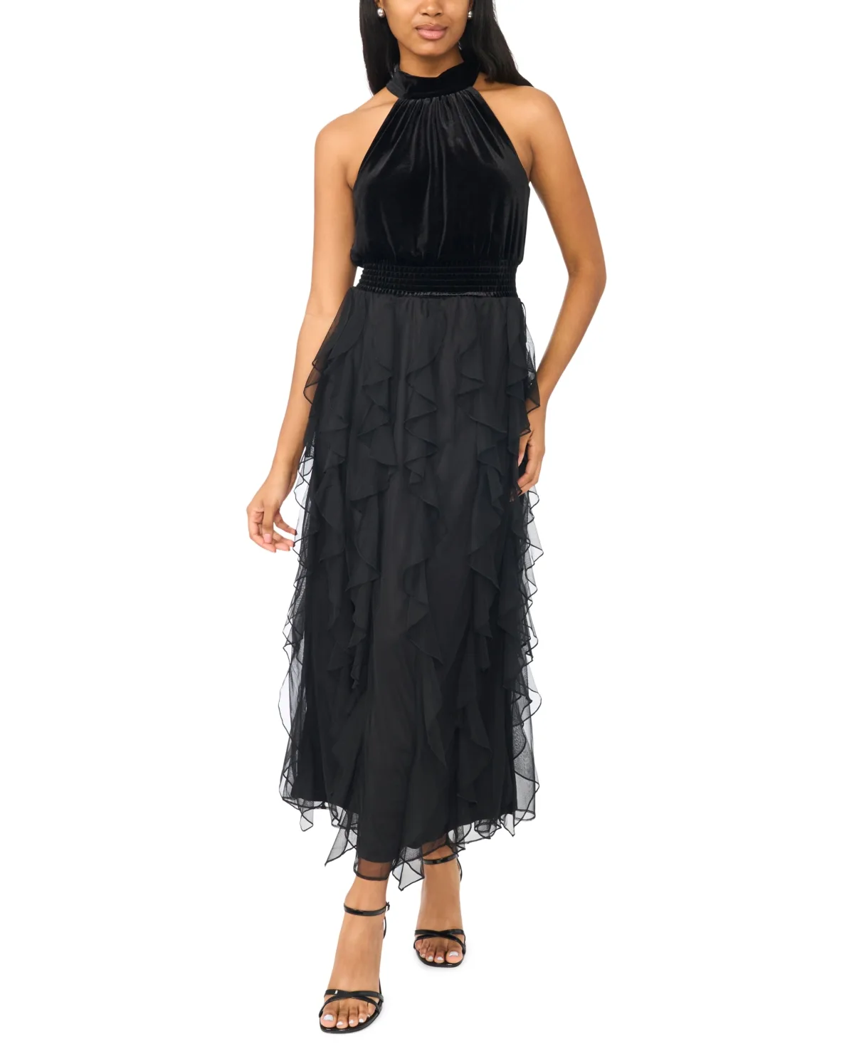 Velvet Cascading-Ruffle Halter Maxi Dress by Msk
