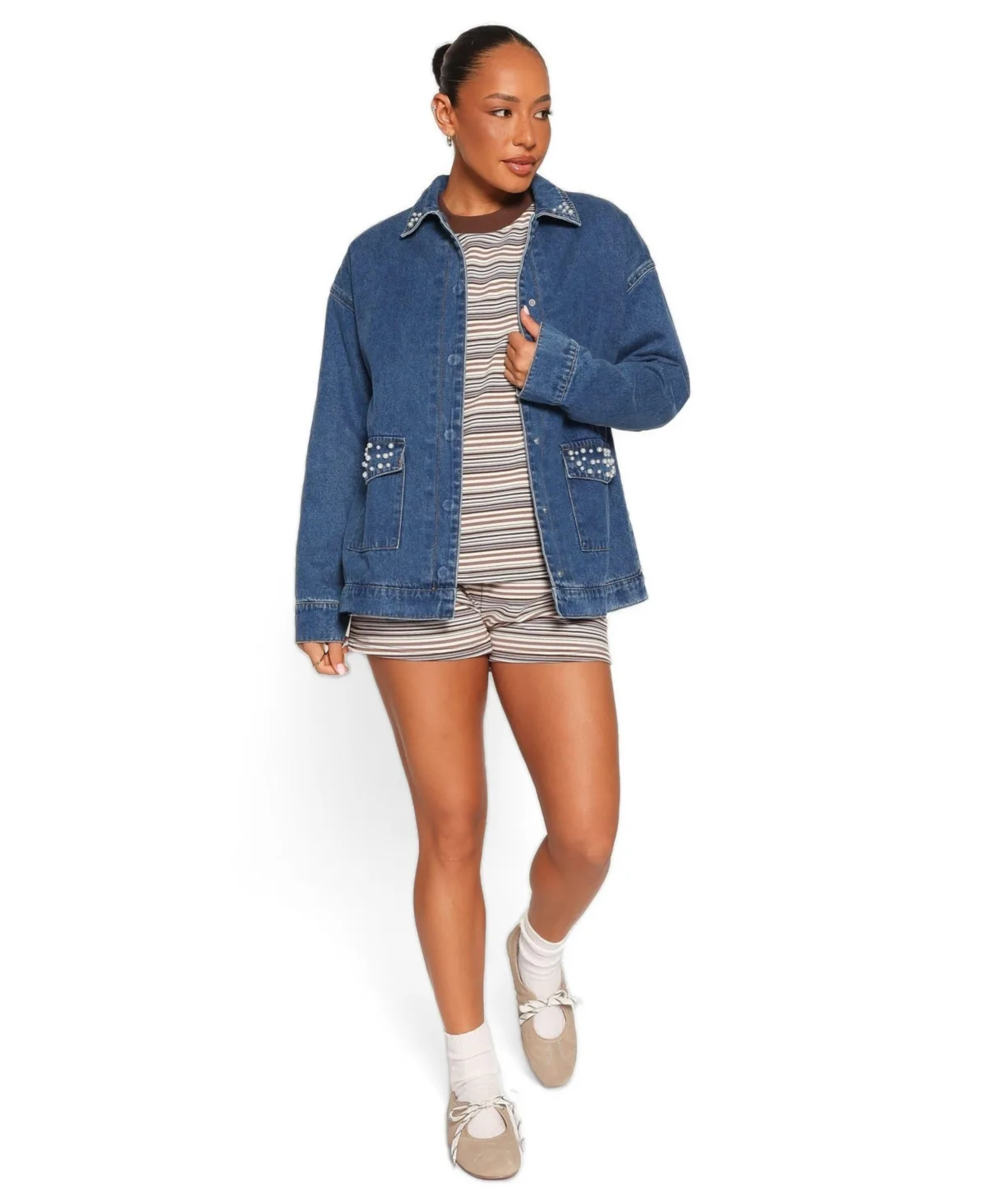 Mandie Pearl Trim Denim Shacket