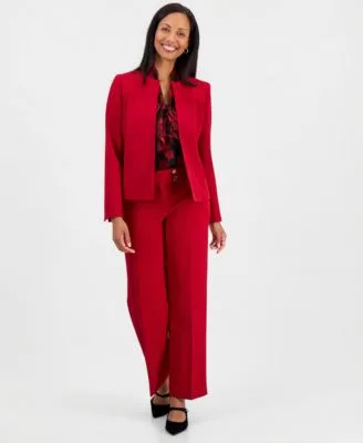 Sleeveless Chiffon Tie Neck Floral Print Blouse Crepe Mid Rise Wide Leg Pants Collarless Seamed Jacket by Kasper