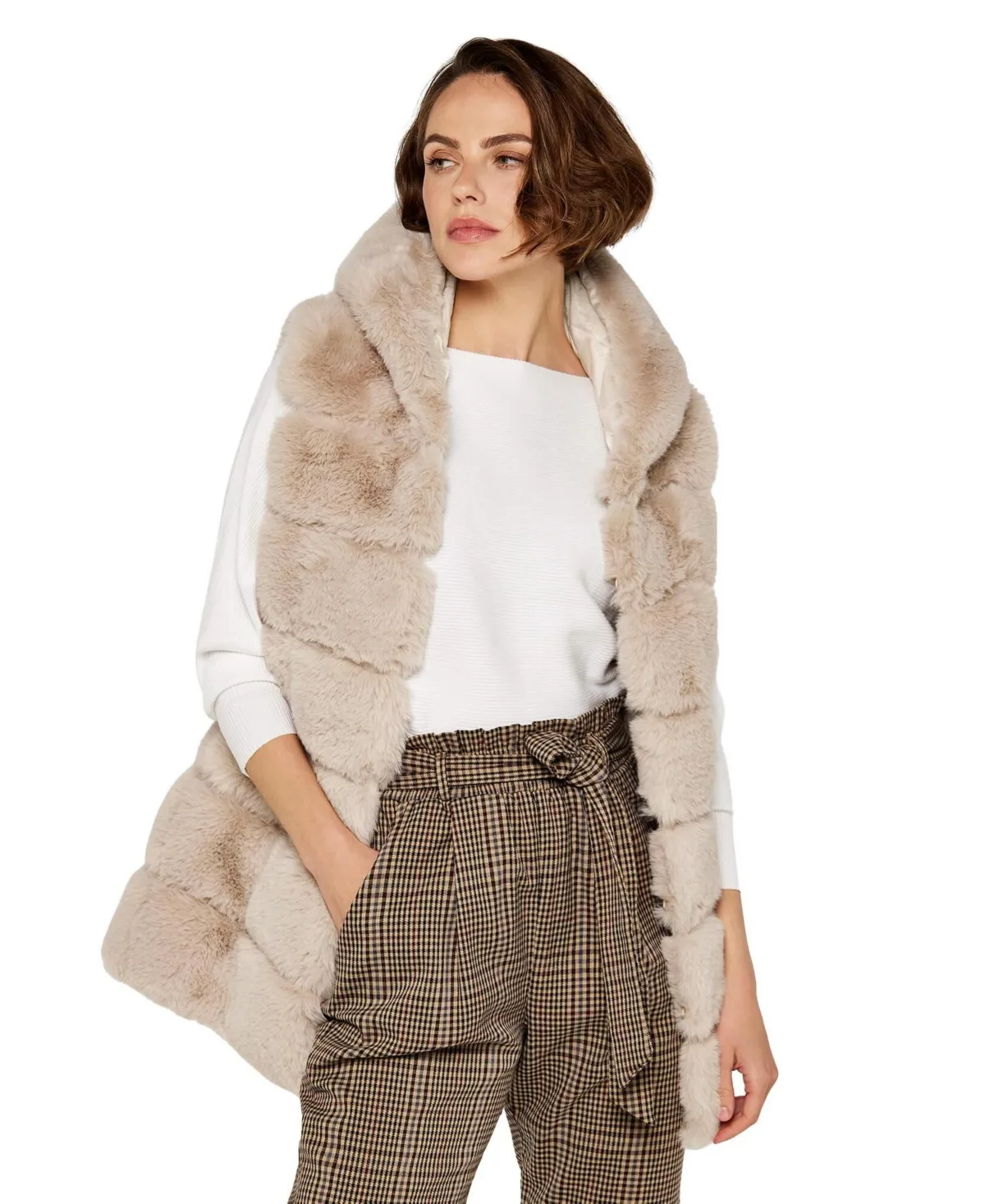 Tiered Fur Hooded Gilet - Stone by Apricot