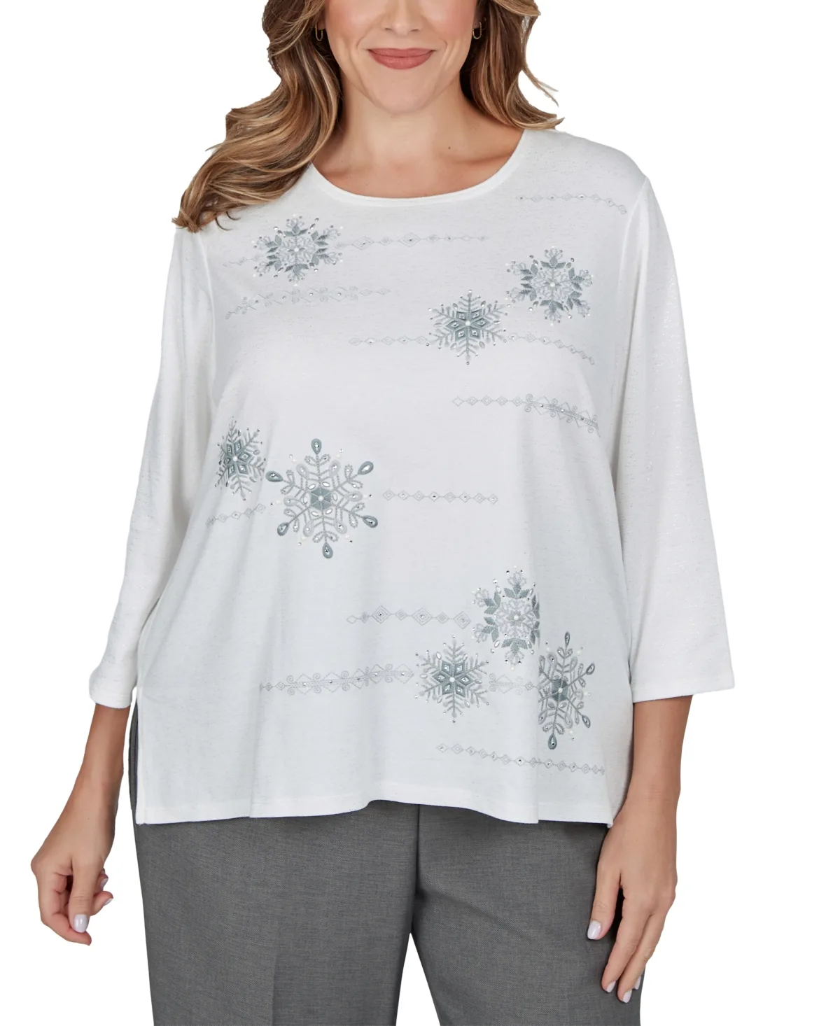 Snowflake-Print Crewneck 3/4-Sleeve Cotton-Blend T-Shirt by Alfred Dunner