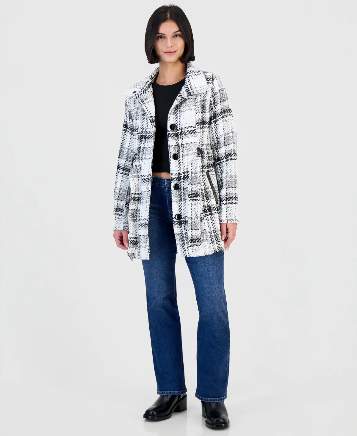 Plaid Single-Breasted Belted Faux-Leather Trim Coat by Bcx
