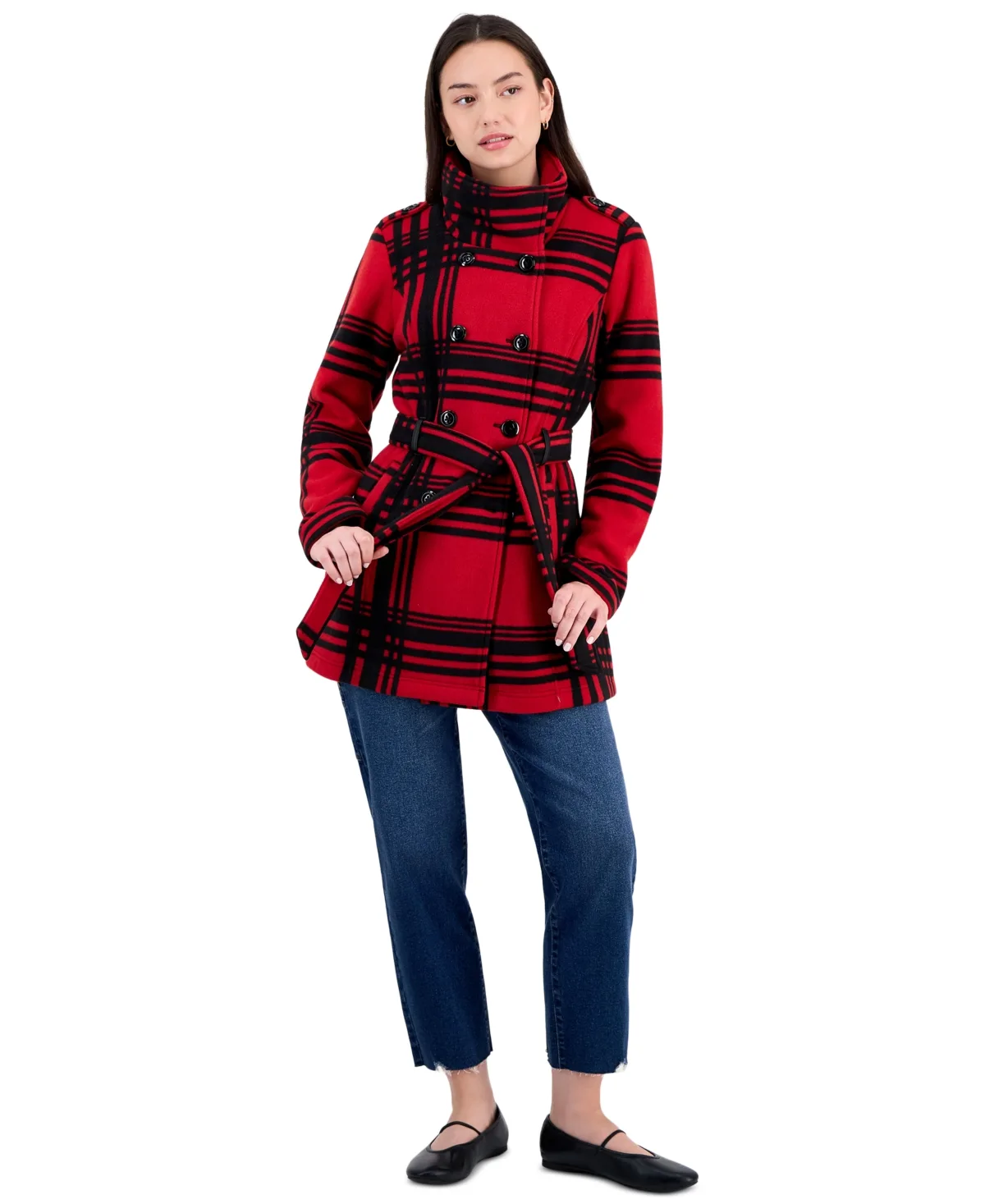 Plaid Double-Breasted Belted Jacket by Bcx