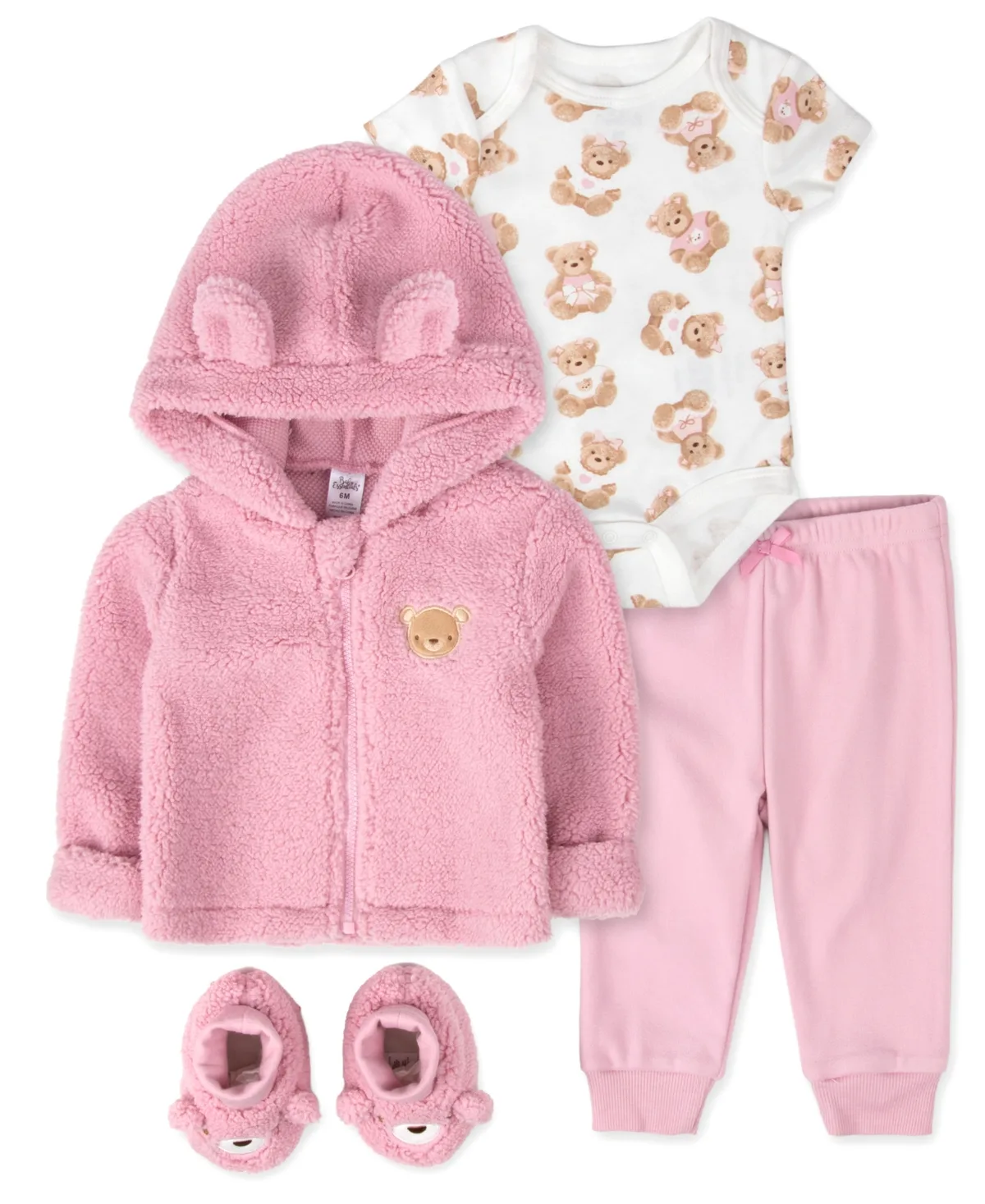 Hooded Plush Embroidered Teddy-Bear Jacket, Bodysuit, Pants and Slippers, 4-Piece Set by Baby Essentials