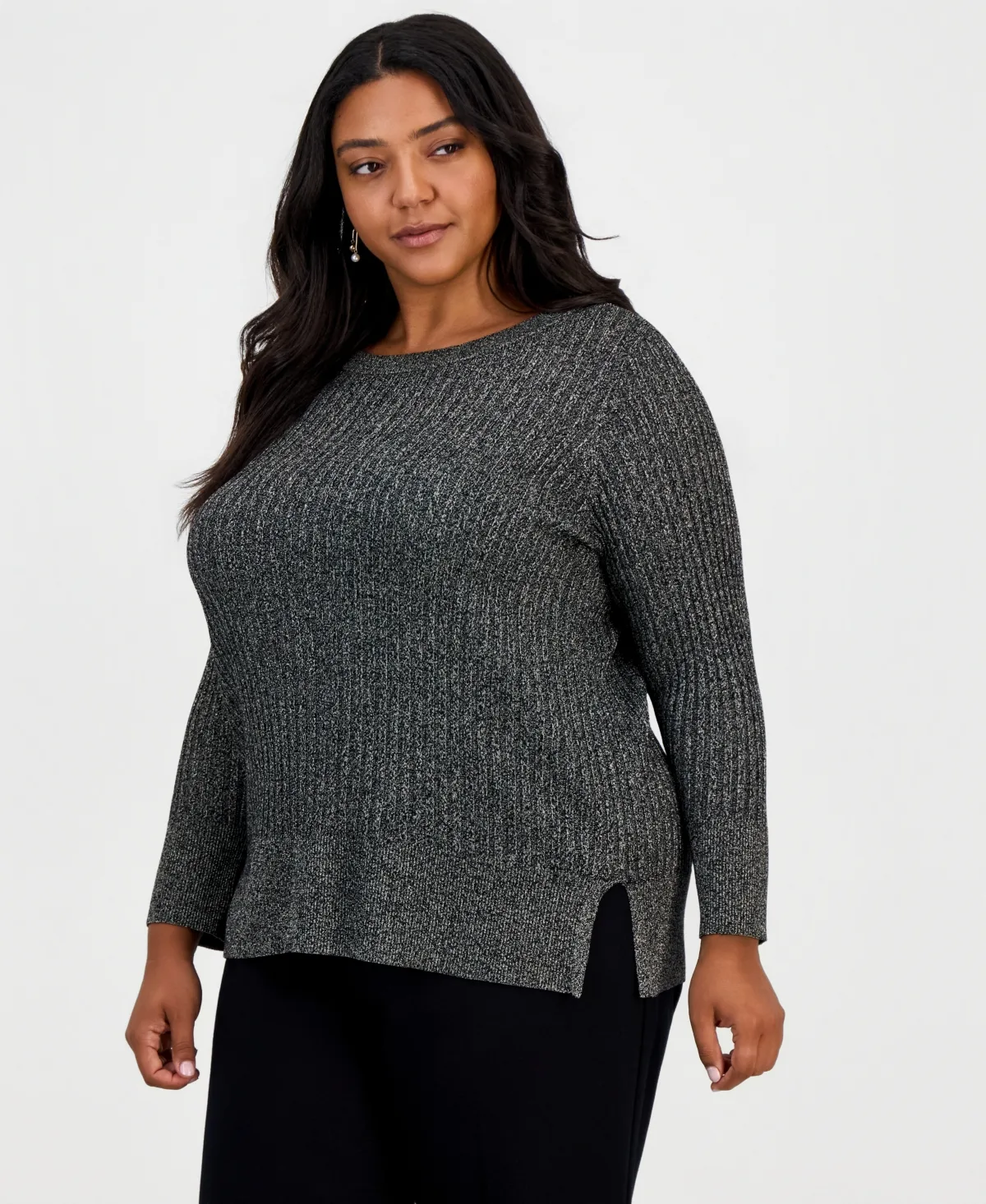 Novelty Stitch Lurex Boatneck Long-Sleeve Sweater by JM Collection