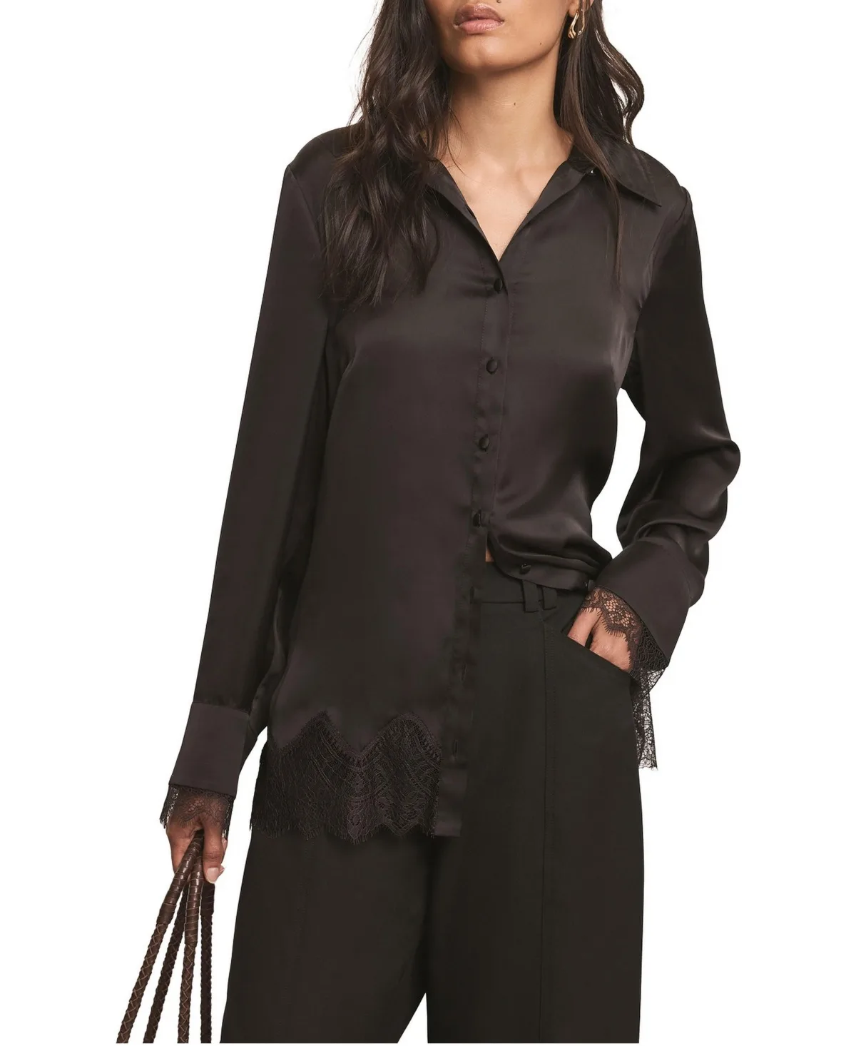 Long-Sleeve Collared Lace-Trim Blouse