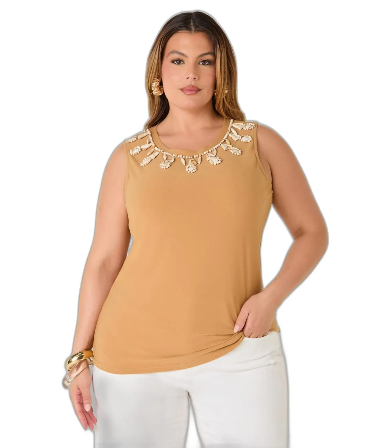 Marbled Bead Stretch-Crepe Crewneck Tank Top by Ashley Stewart