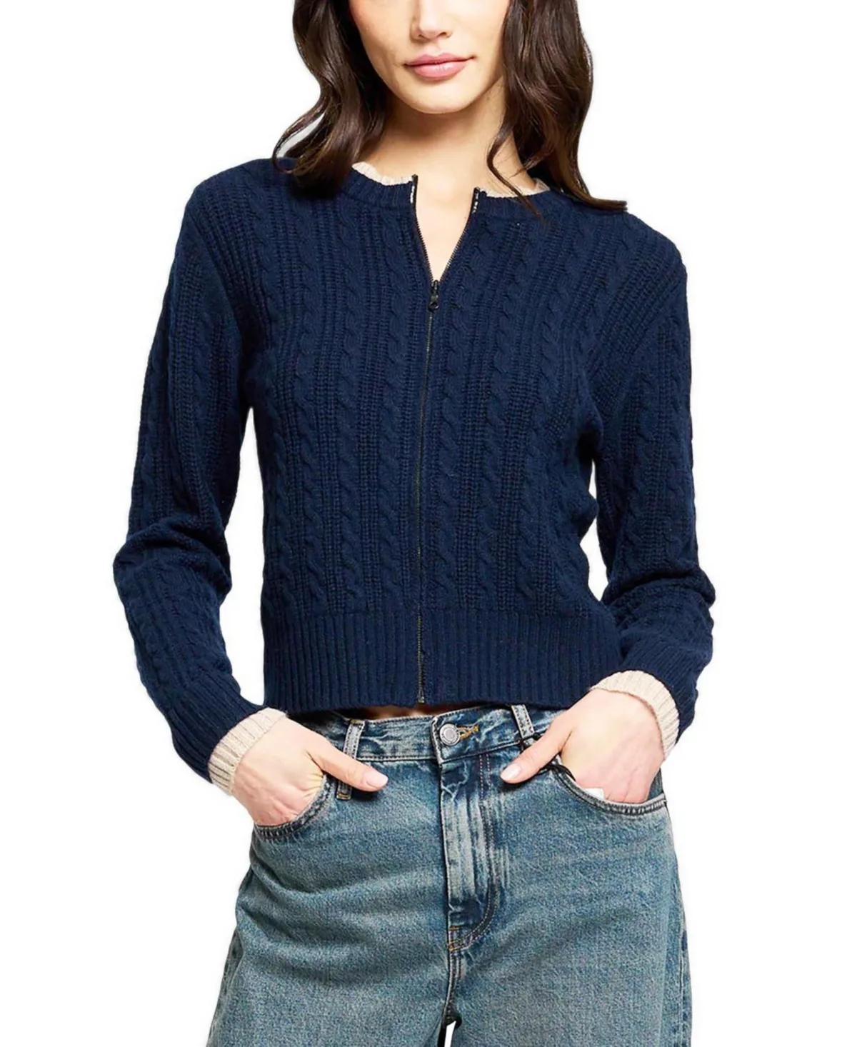 Thea Cable-Knit Zip-Front V-Neck Cardigan by Central Park West