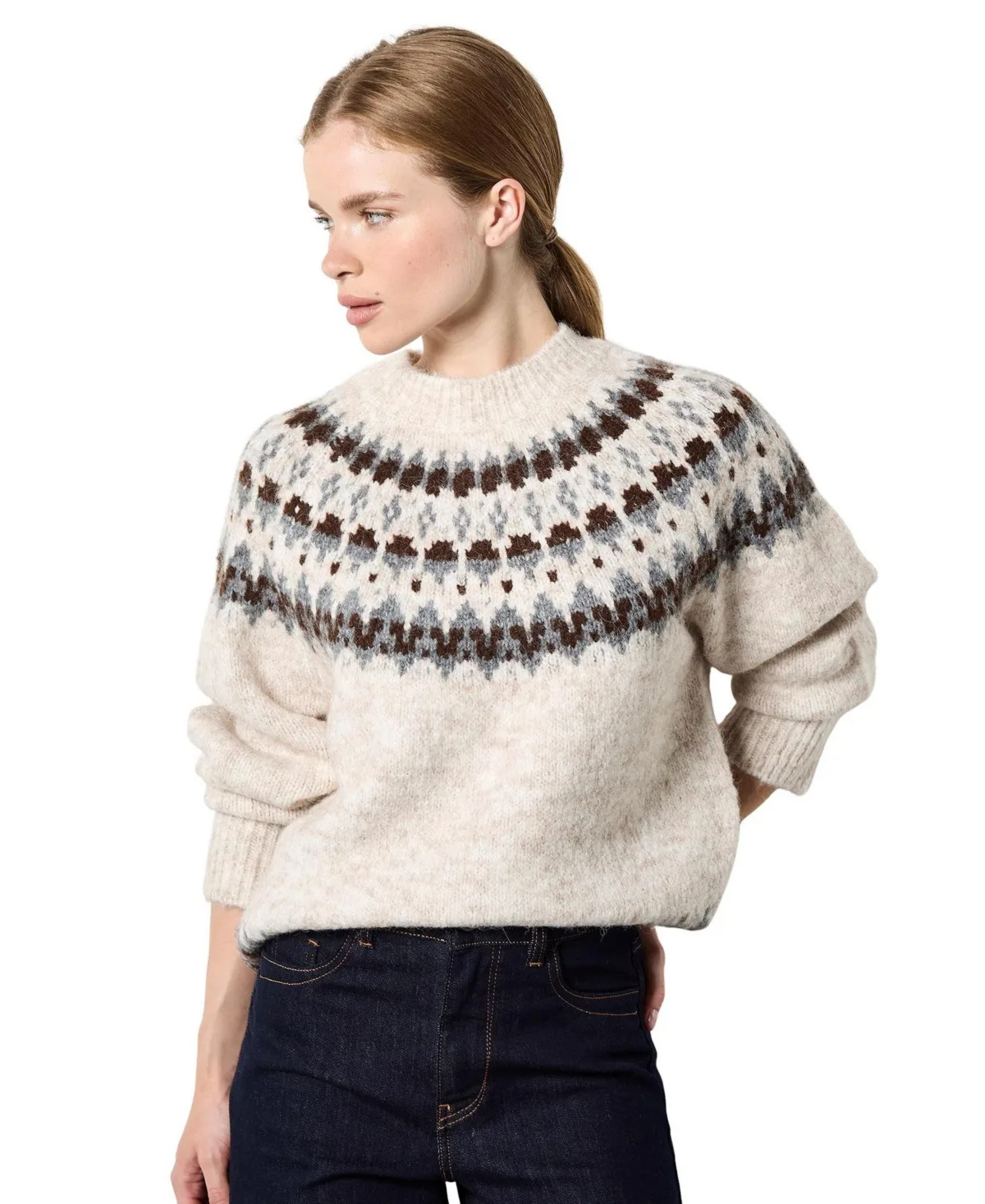 Fair Isle Relaxed-Fit Mock-Neck Sweater - Stone