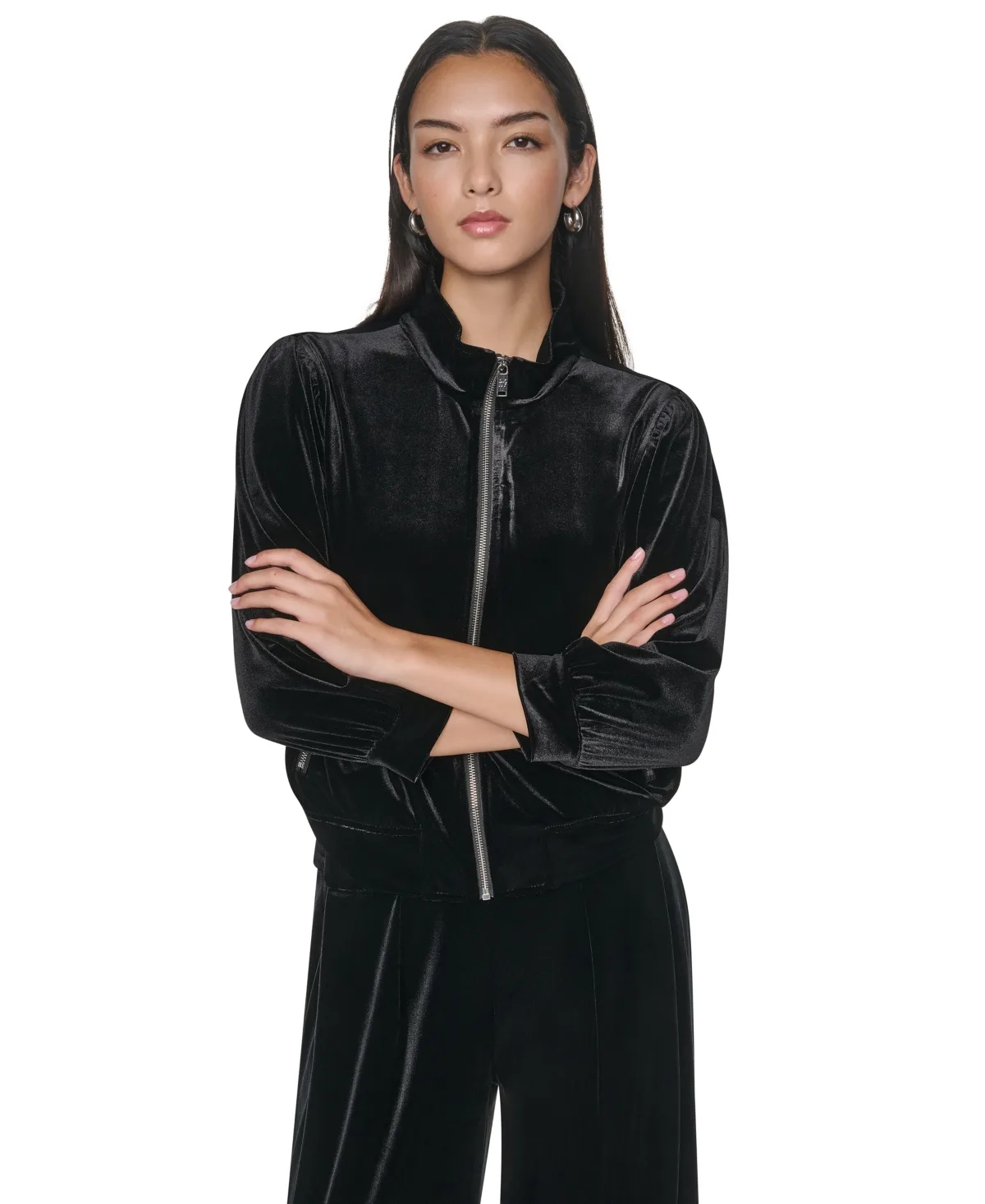 Velvet Bomber Puff-Sleeve Jacket