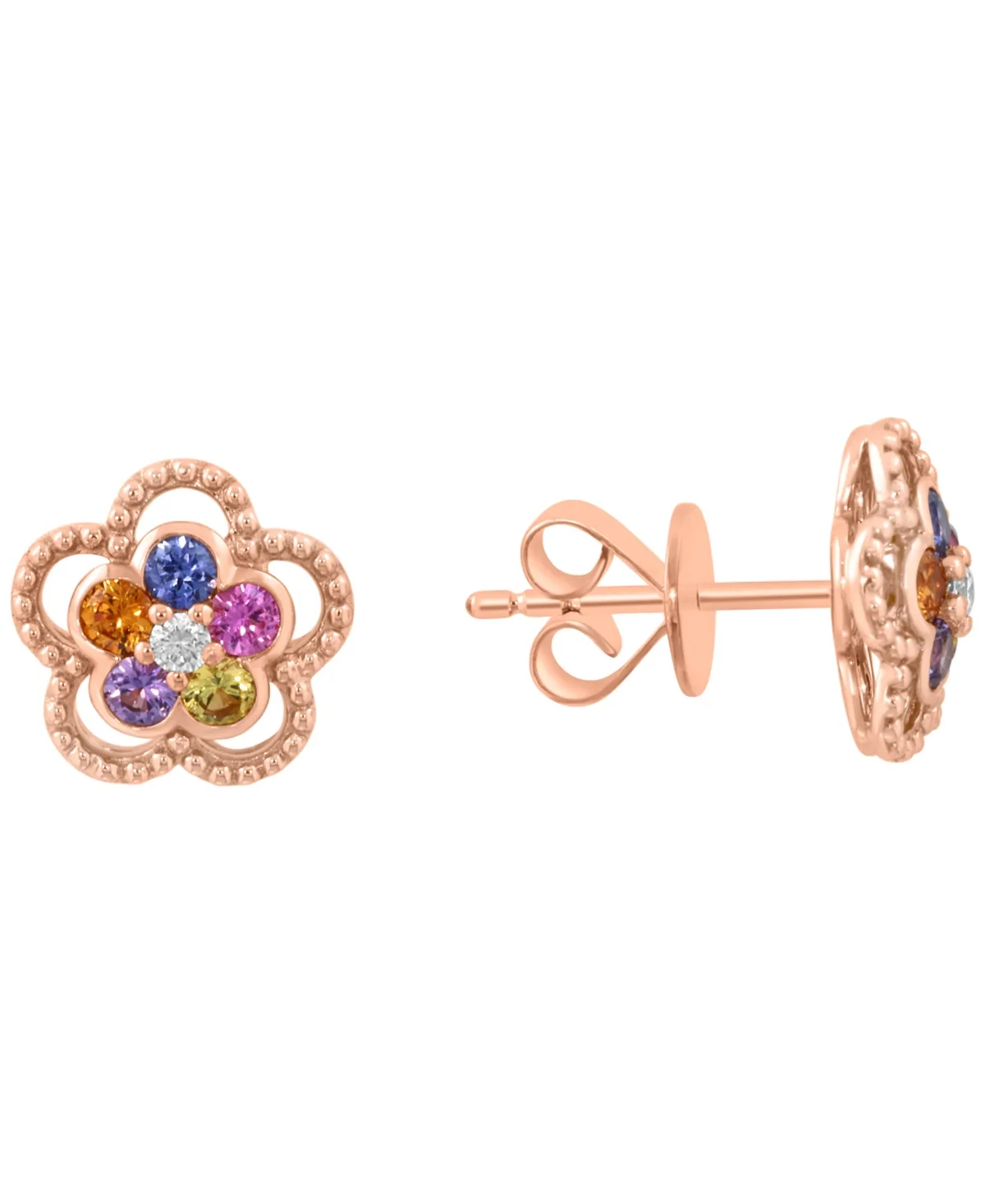 Floral Diamond and Multigemstone Stud Earrings (1/20 ct. t.w. Diamond, 1/3 ct. t.w. Multigemstone) in 14k Yellow Gold by Effy Collection