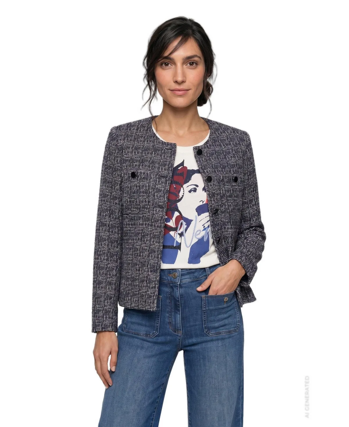 Tweed Collarless Long-Sleeve Jacket by Olsen