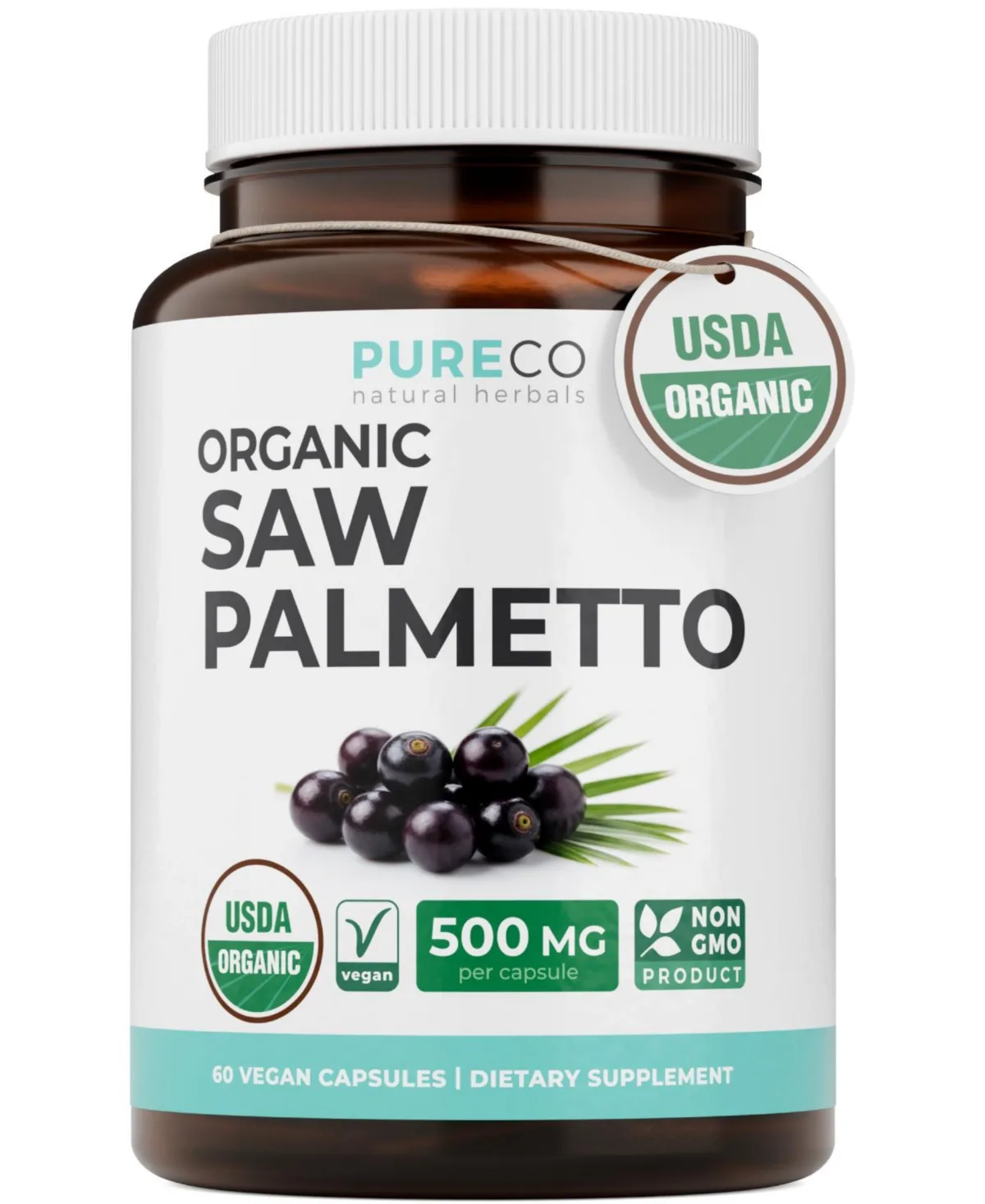Saw Palmetto Capsules 500 Milligram Whole Berry Powder 60 Capsules by Pure Co