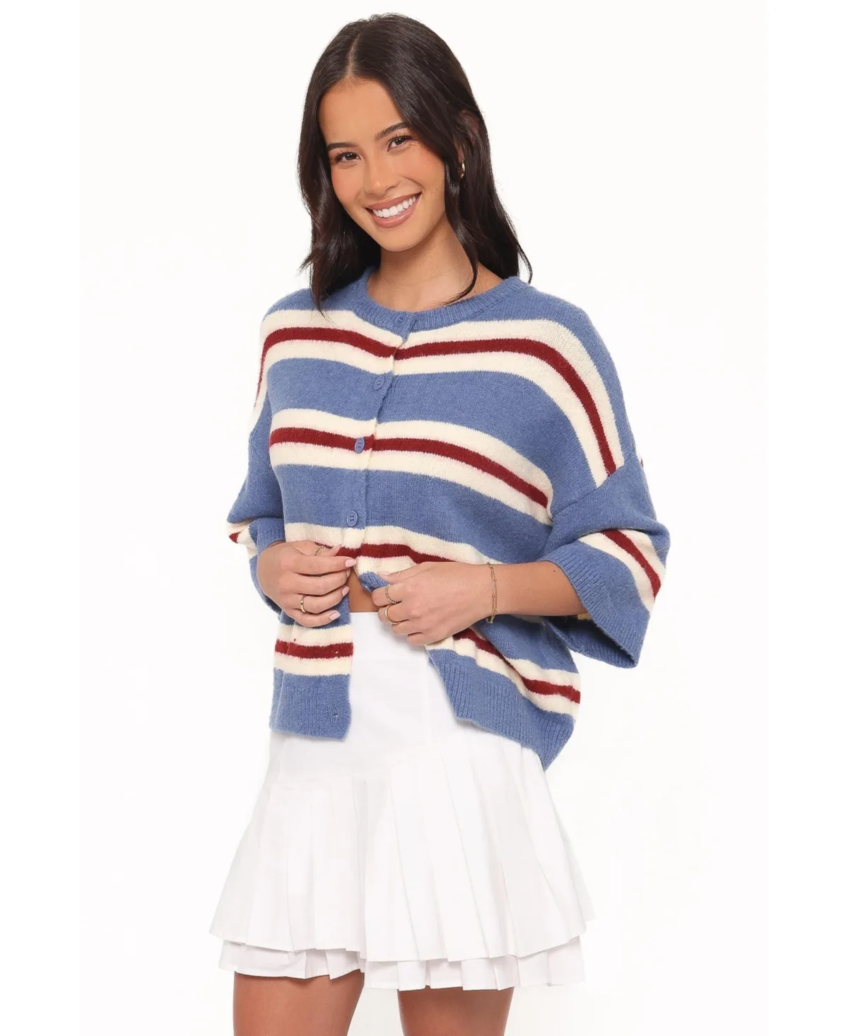 Lilith Short-Sleeve Button-Down Crewneck Knit Top by Petal & Pup