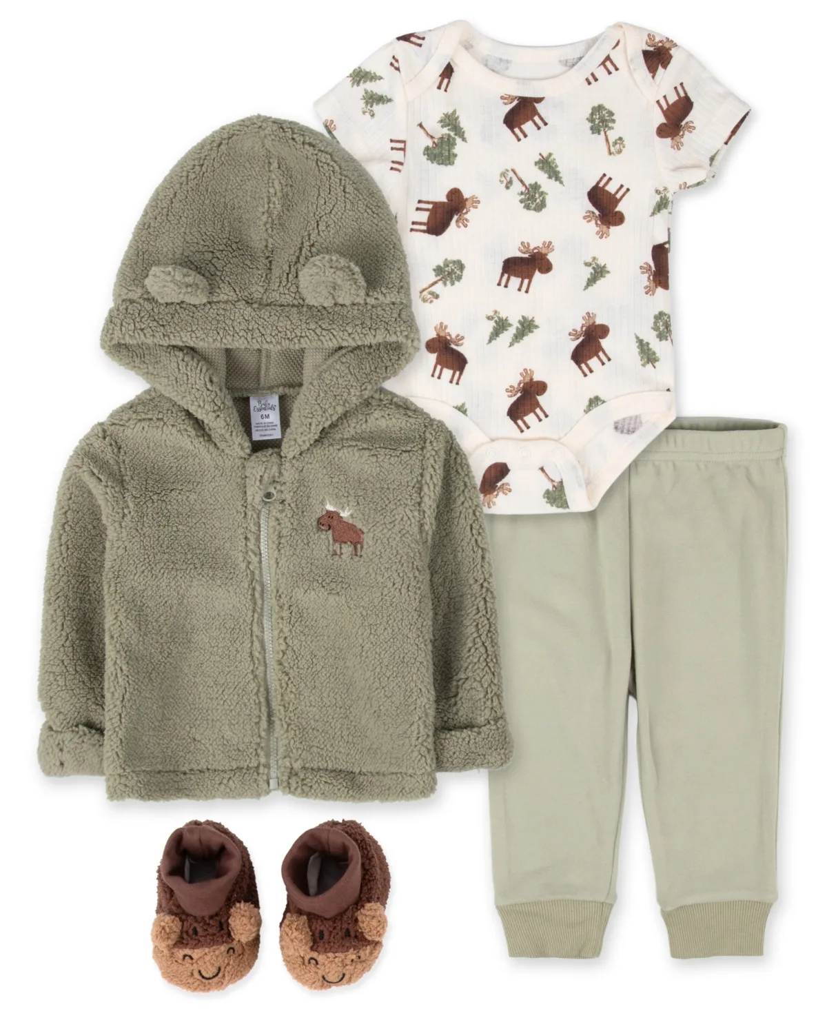 Hooded Moose-Print Jacket, Bodysuit, Pants and Slippers, 4-Piece Set by Baby Essentials
