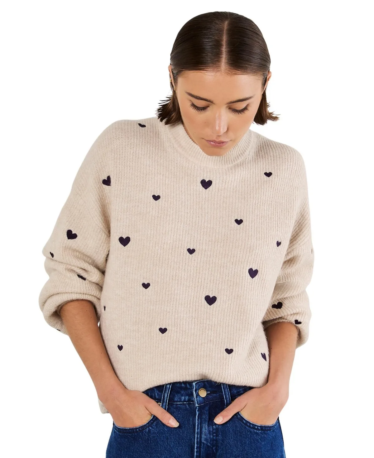 Heart Knit Relaxed Fit Jumper - Stone