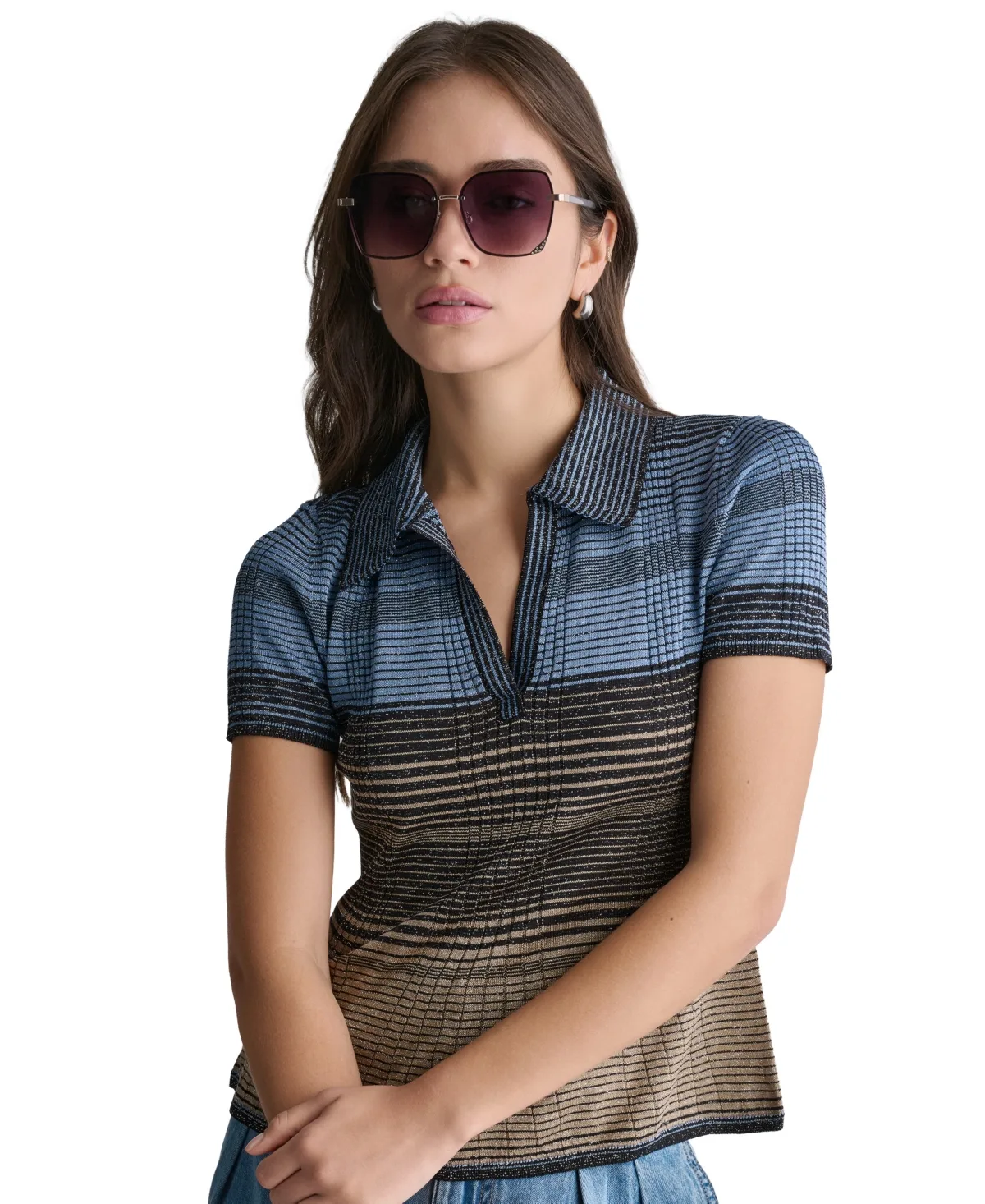 Short-Sleeve Striped Fine Gauge Polo Sweater by BCBG