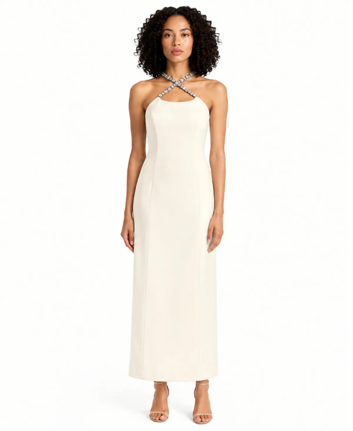 Rhinestone Cross Strap Scoop-Neck Fitted Scuba Midi Dress by Kenneth Cole